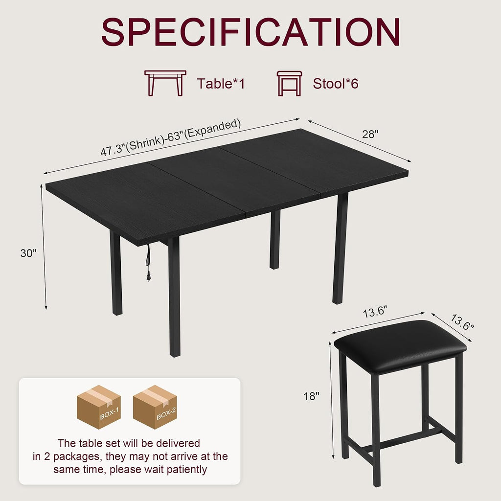 VECELO 7-Piece Dining Table Set with 6 Square Stools, 63' Expandable Kitchen Table with USB Charging & Metal Frame for 2/4/6, Wood Dinette Perfect for Small Spaces, Easy Assembly, Black