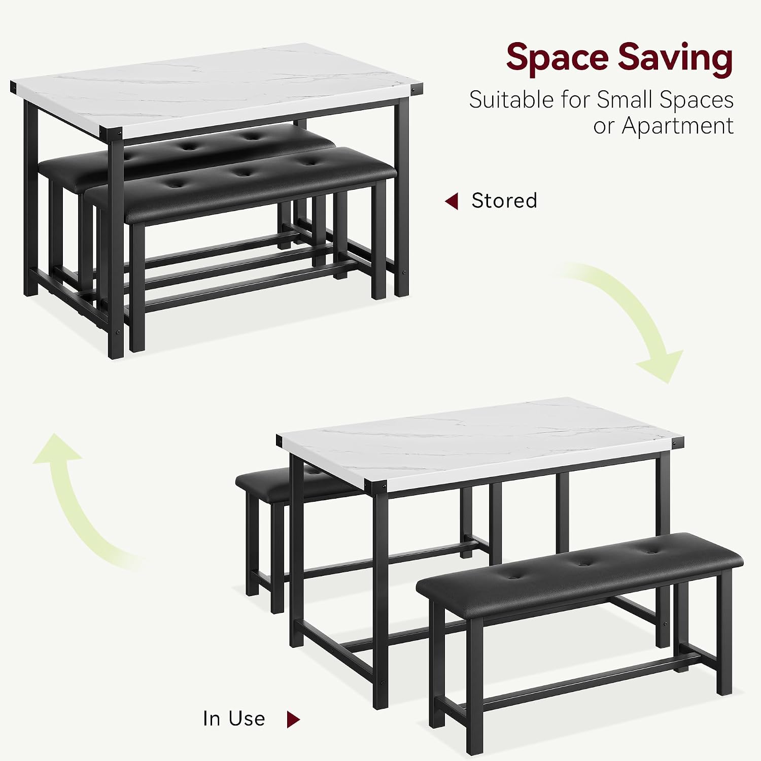 IDEALHOUSE Dining Table Set for 4, Kitchen Table with 2 Upholstered Benches, Rectangular Dining Room Table Set, 3 Piece Kitchen Table Set for Small Space, Apartment, Studio, Marble White