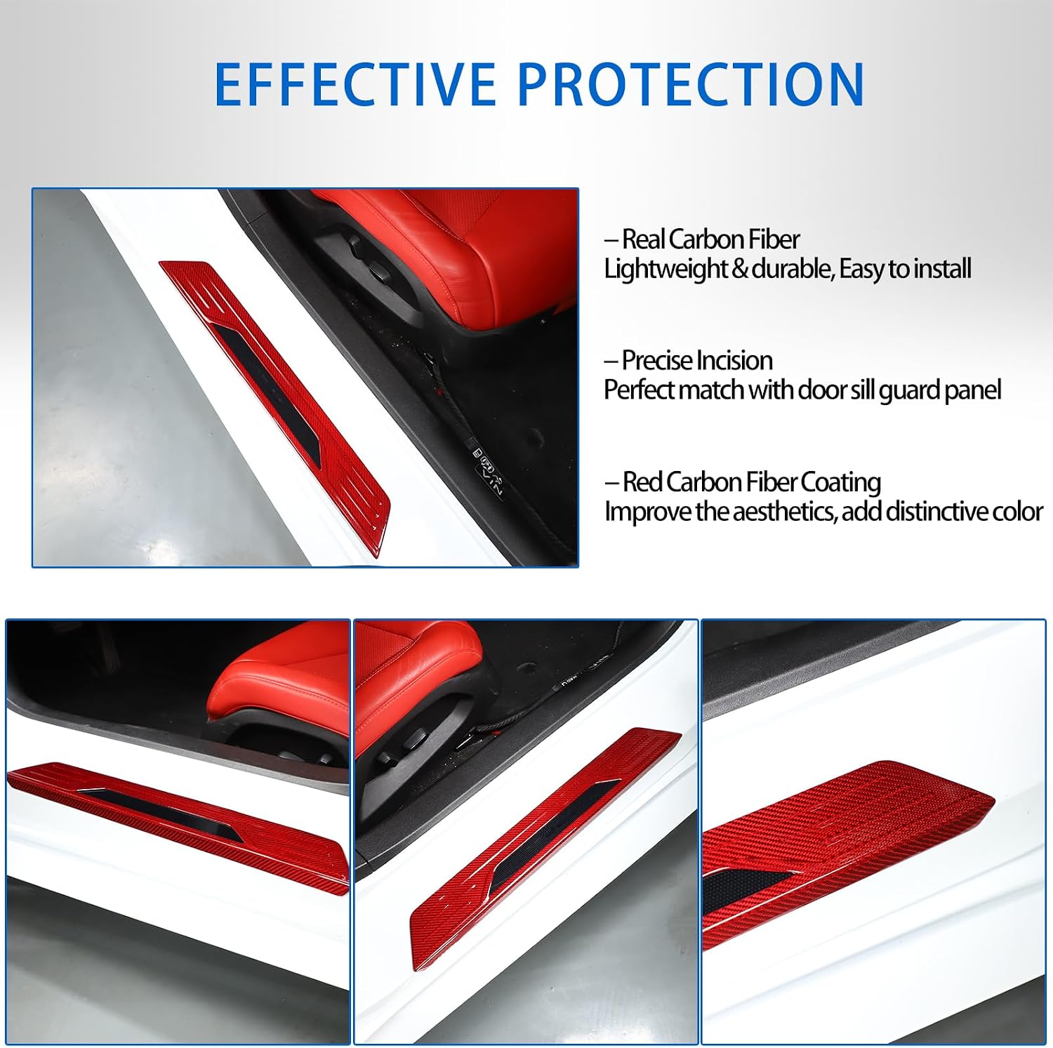 Real Carbon Fiber Door Sill Protectors Compatible with Chevrolet Corvette C8 2020-2026, Door Sill Guard Trim Cover, Threshold Strip Door Entry Guard Decorative Strip 2Pcs (Red)