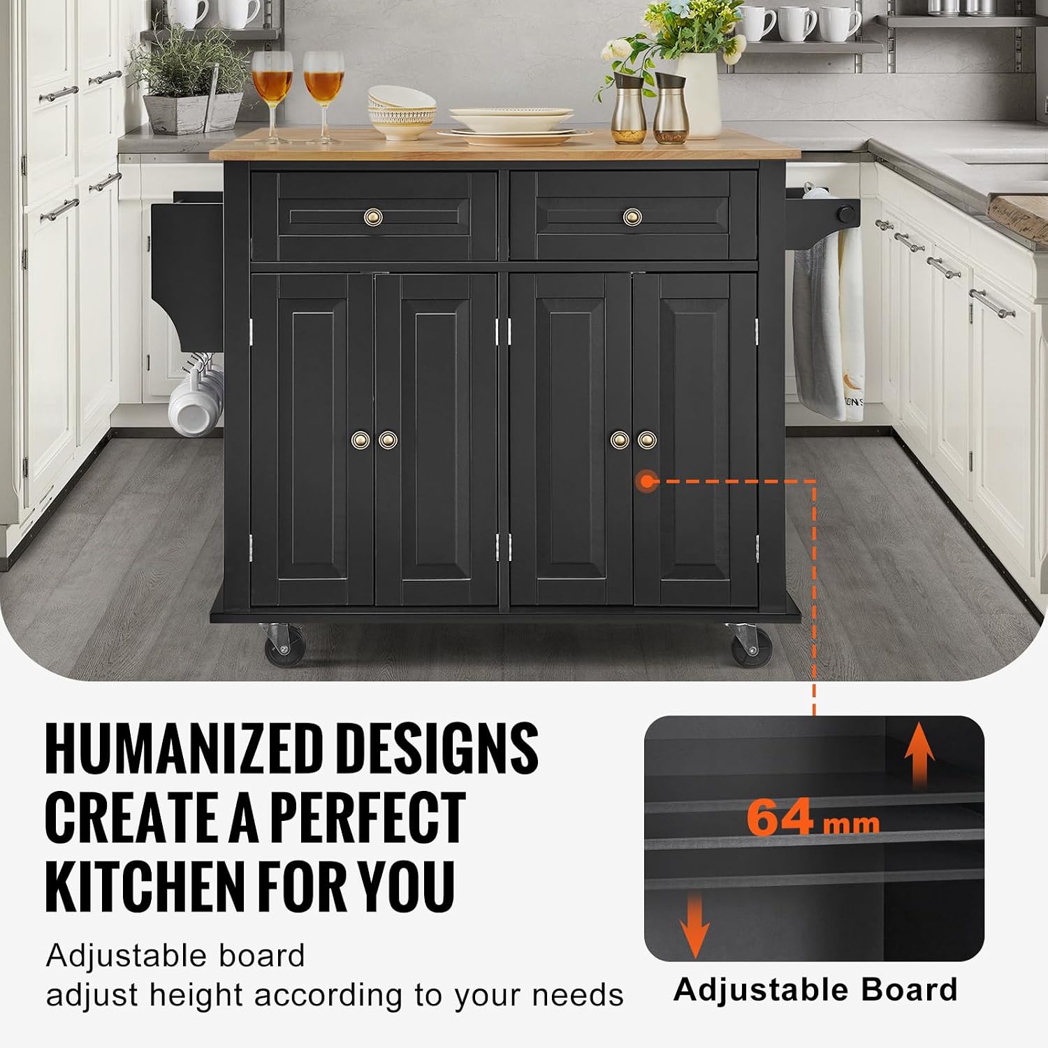 VEVOR Kitchen Island Cart, 35' Wood Top Mobile Carts with Storage Cabinet, Rolling Table with Drop Leaf, Spice Rack, Towel Bar, Adjustable Shelf, Drawer, and Hooks, Portable Islands on Wheels, Black