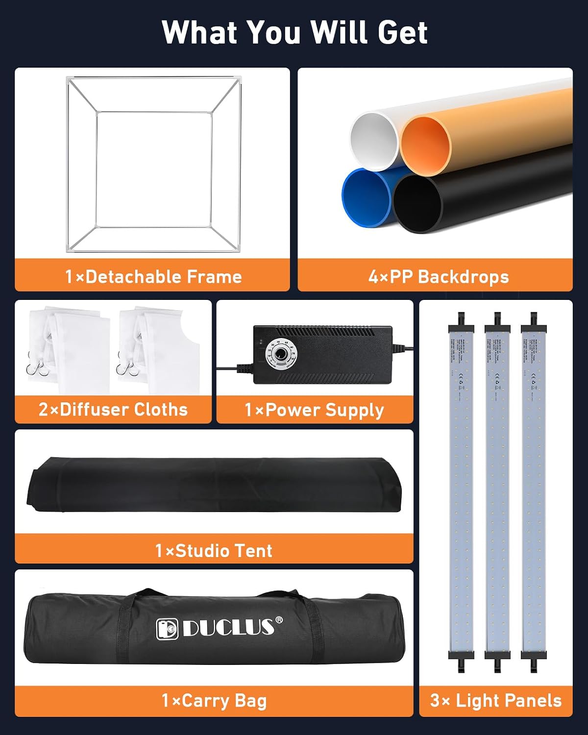 DUCLUS Light Box Photography 39×39 inch, 210 LED Large Photo Light Box with 3 Stepless Dimming Light Panels & 4 Matte PP Backdrops, Professional Photo Background Shooting Tent for Product Photography