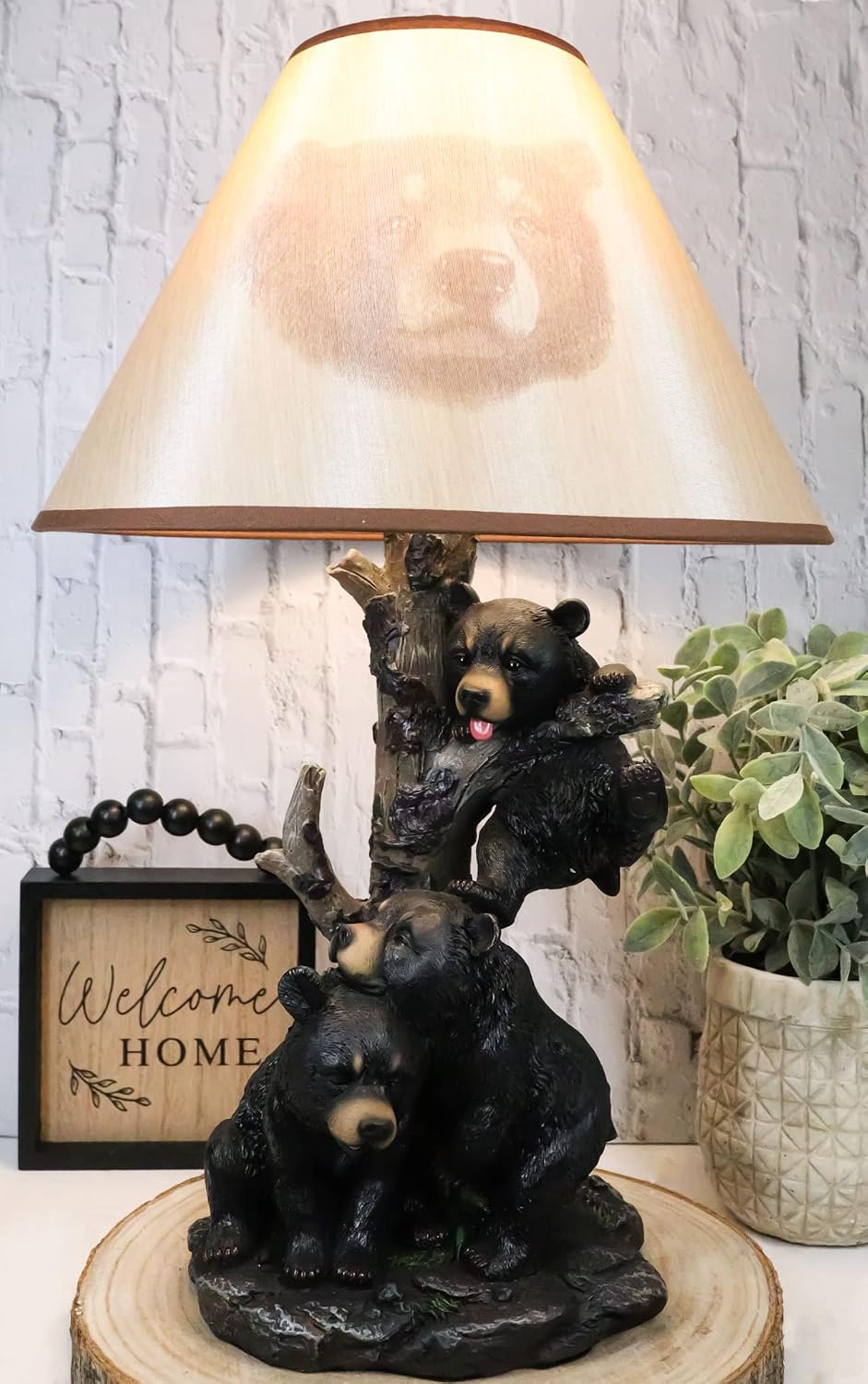Ebros Wildlife Whimsical Climbing Black Bear Cubs Table Lamp Statue Decor with Bear Face Printed Shade Three Cuddly Sibling Bears Little Rascals Playing by Tree Desktop Lamp (Set of 2)