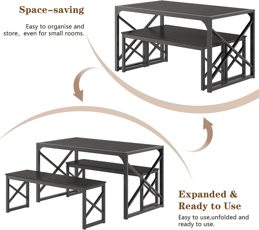 VECELO 55' Kitchen Dining Table Set for 4, Heavy-Duty Steel Frame & Wood-Grain Tabletop, Spaving Saving Dinette Sets with 2 Benches for Breakfast Nook and Small Space, Black