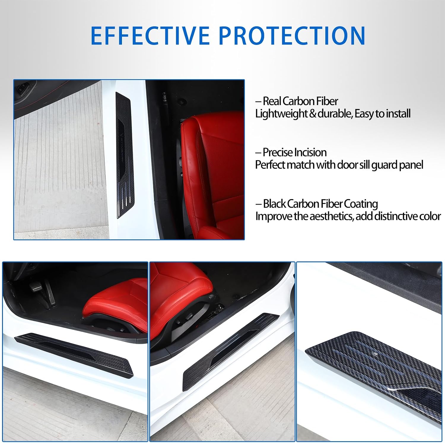 Real Carbon Fiber Door Sill Protectors Compatible with Chevrolet Corvette C8 2020-2026, Door Sill Guard Trim Cover, Threshold Strip Door Entry Guard Decorative Strip 2Pcs (Black)