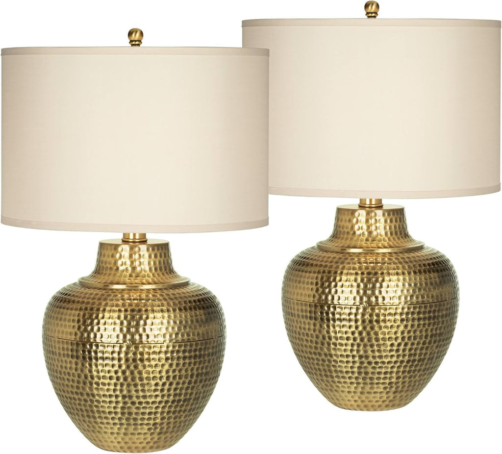 Franklin Iron Works Maison Loft Rustic Farmhouse Table Lamps 27' Tall Set of 2 Antique Brass Textured Hammered Metal Cream Linen Drum Shade for Bedroom Living Room Bedside Nightstand House Office