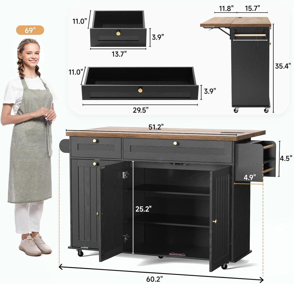 60' Kitchen Island with Power Outlet & Drop Leaf, Kitchen Rolling Island with Spice Rack & Towel Rack, Knife Holder, Kitchen Island Cart with Trash Storage Cabinet, Mobile Island Table for Kitchen