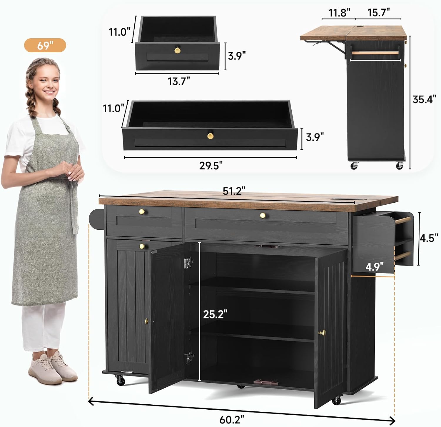60' Kitchen Island with Power Outlet & Drop Leaf, Kitchen Rolling Island with Spice Rack & Towel Rack, Knife Holder, Kitchen Island Cart with Trash Storage Cabinet, Mobile Island Table for Kitchen