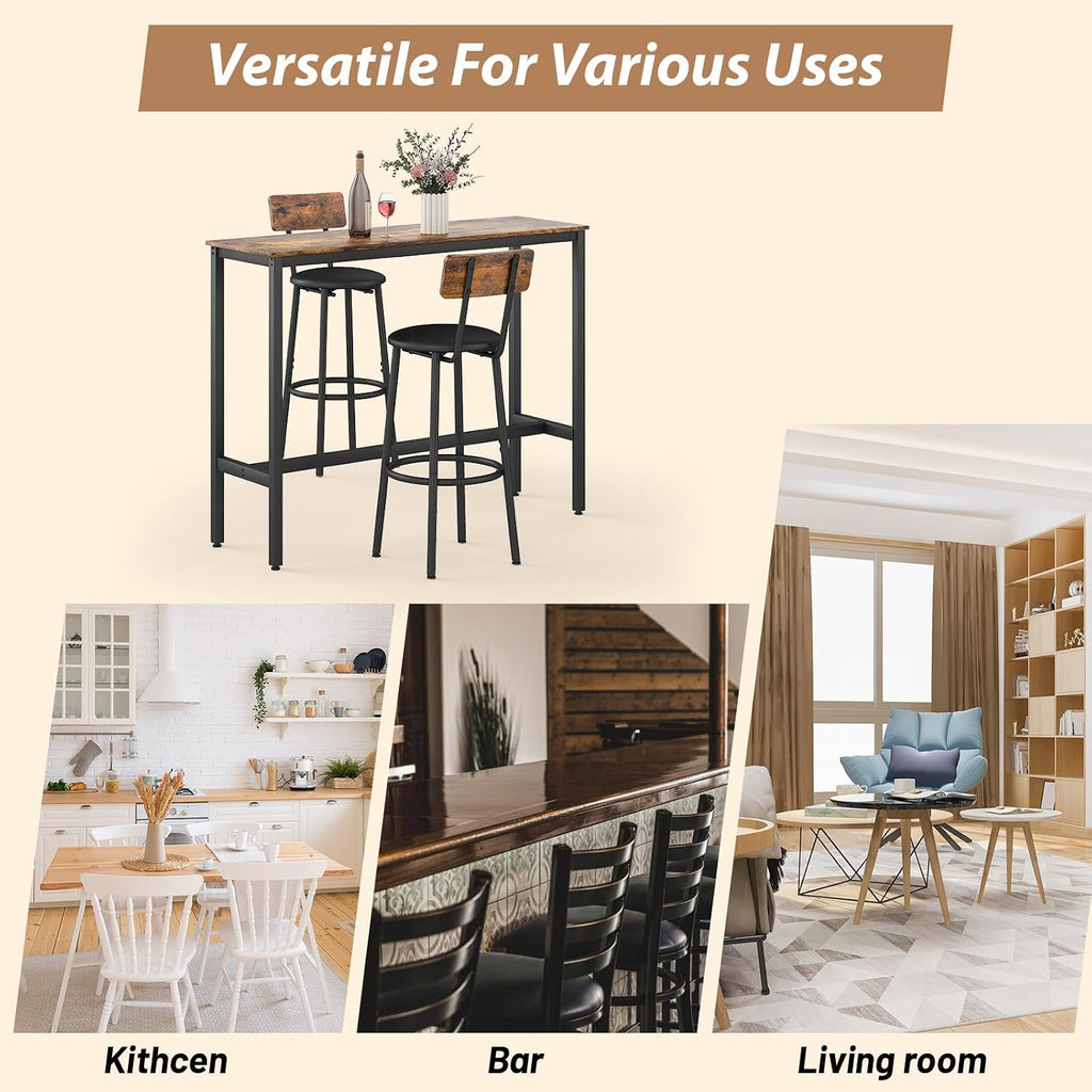 Zevemomo Dining Table Set for 2, 3-Piece Bar Table and Chairs Set, Kitchen Table and Chairs, High Top Table with 2 PU Upholstered Stools, Space-Saving Pub Table Sets for Small Space, Brown