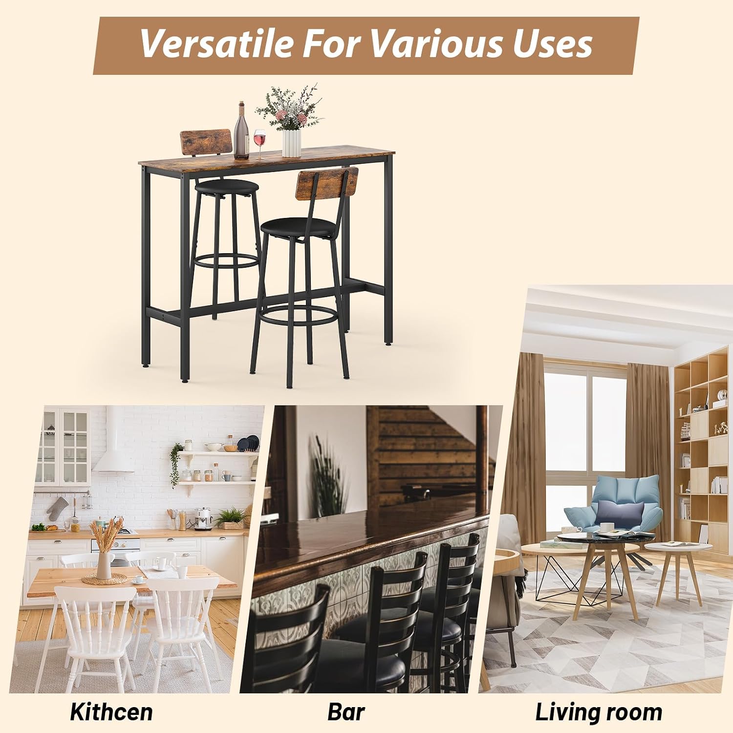 Zevemomo Dining Table Set for 2, 3-Piece Bar Table and Chairs Set, Kitchen Table and Chairs, High Top Table with 2 PU Upholstered Stools, Space-Saving Pub Table Sets for Small Space, Brown
