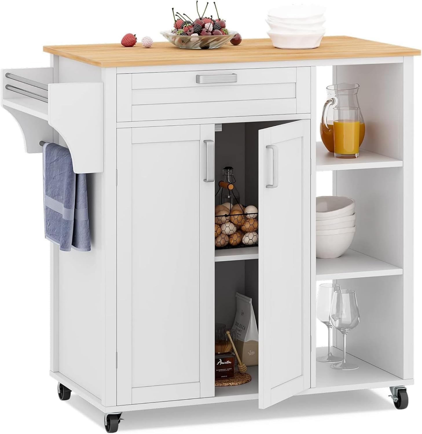 DWVO Rolling Kitchen Island Table on Wheels, Mobile Kitchen Cart with Storage, Butcher Block Island with Open Shelf, Drawer, Spice/Towel Rack, 37inch, White