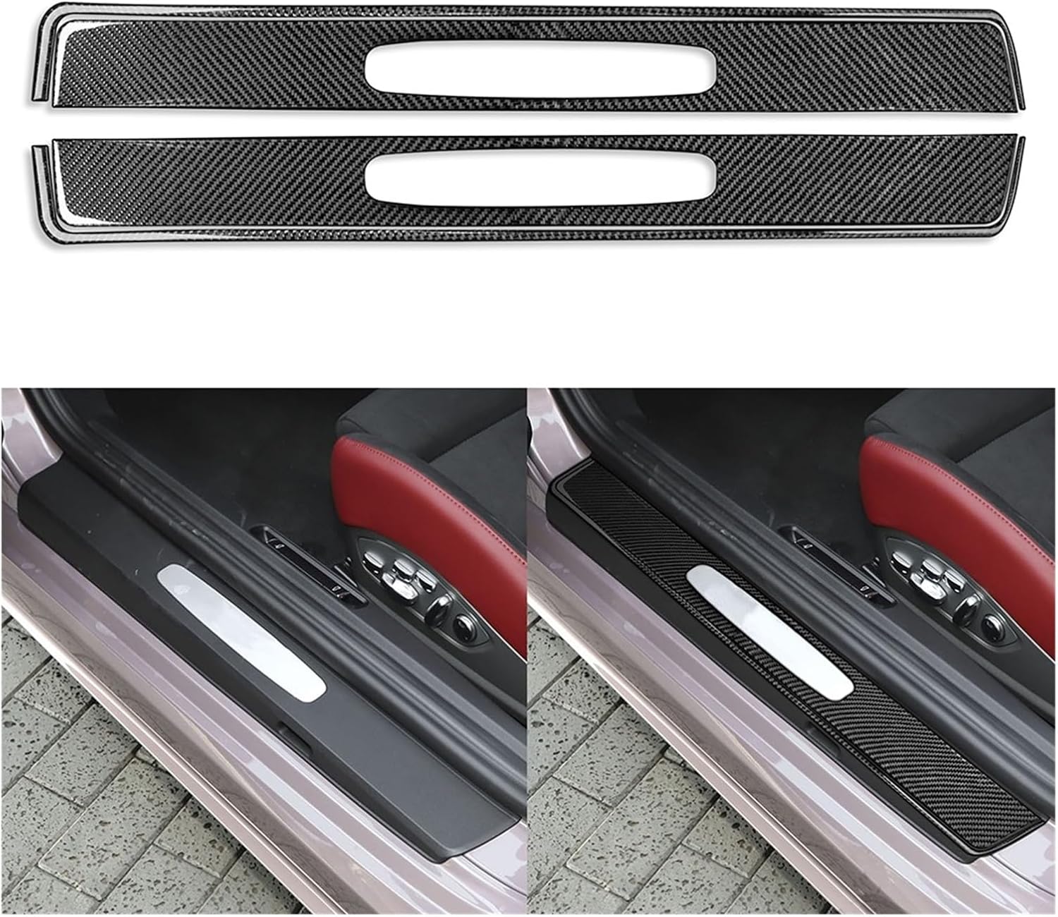 Compatible for Porsche 718 982 2016-2022 Carbon Fiber Door Threshold Strips Decorative Cover Car Interiors Accessories Decoration Sticker(Black)