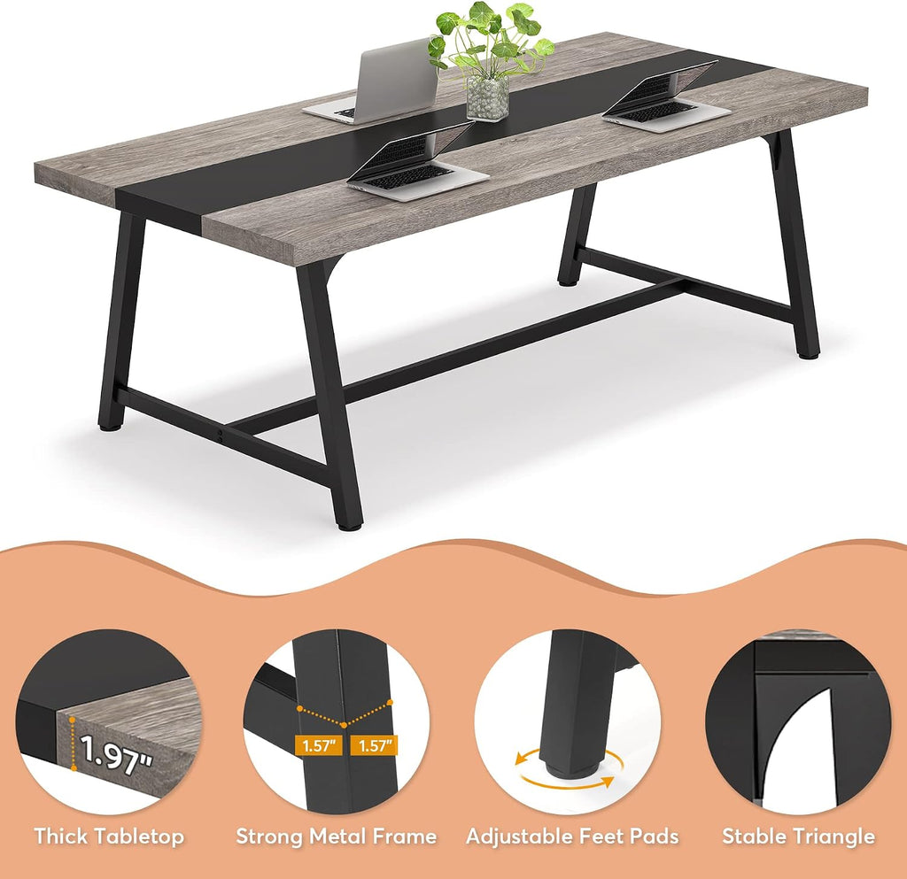 Tribesigns Dining Table for 8 People, 70.87-inch Rectangular Wood Kitchen Table with Strong Metal Frame, Industrial Large Long Dining Room Table for Big Family (Gray, No Chair)