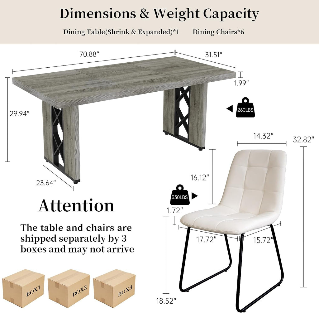 HIPIHOM 7-Piece Dining Table Set for 6 People, 70.8' MDF Kitchen Table with 6 Upholstered Chairs, Space-Saving for Dining Room, Breakfast Nook(Grey Table+6 White Chairs)