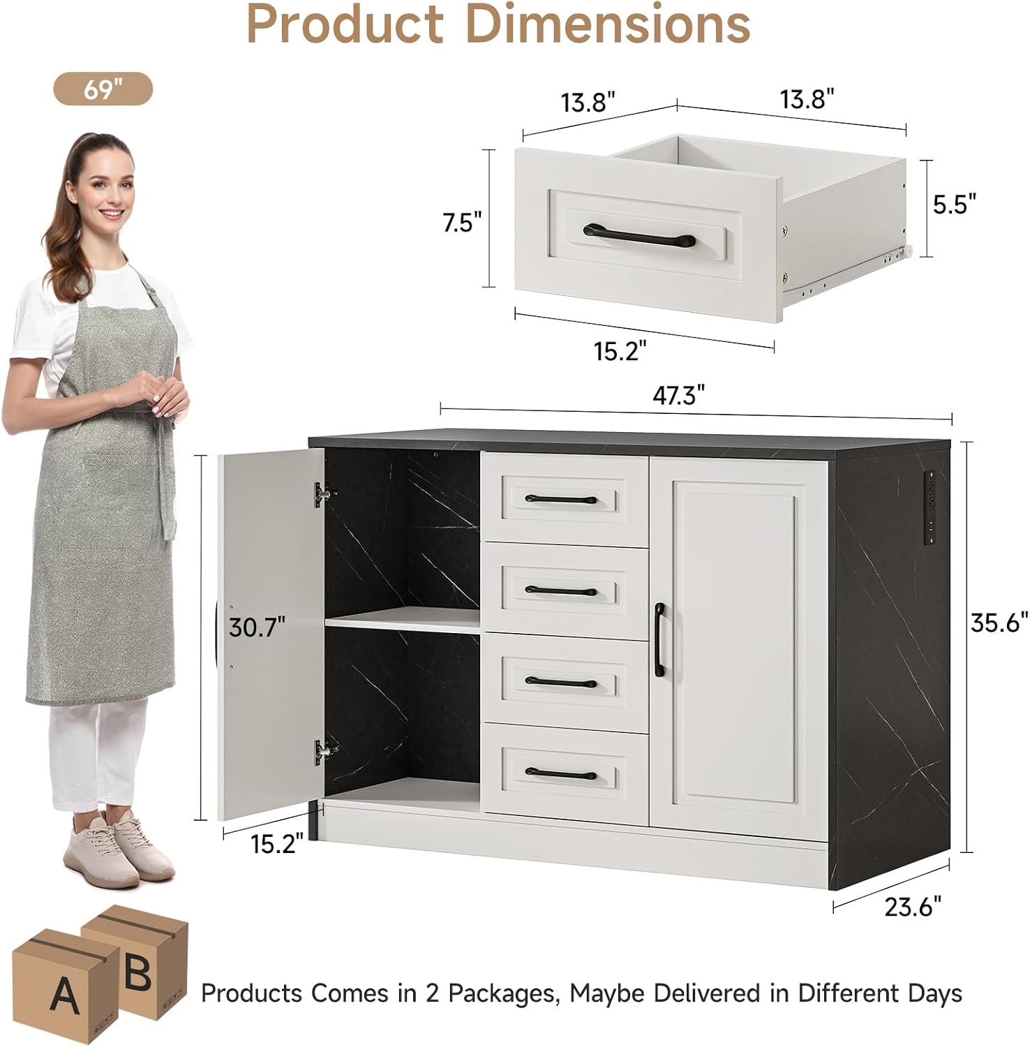 ONBRILL 47.3' Kitchen Island with 2 Storage Cabinets & 4 Drawers, Modern Imitation Marble Dining Table with Power Outlet, Island Bar Table for Kitchen, Dining Room, Living Room, Black