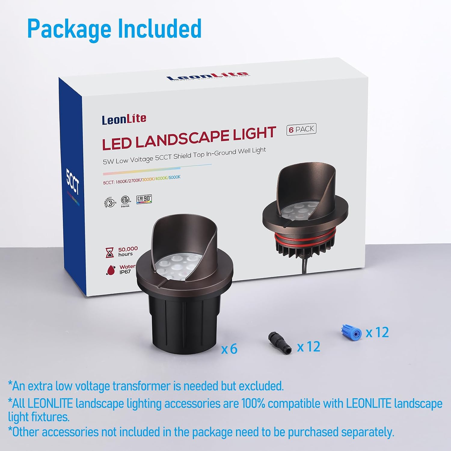 LEONLITE Dia. 4 Inch 5CCT Well Lights Landscape LED In Ground, Shielded Top, 5 Color Temperature Selectable, 12-24V AC/DC CRI90 Low Voltage Garden Landscaping, Oil Rubbed Bronze Aluminum, Pack of 6