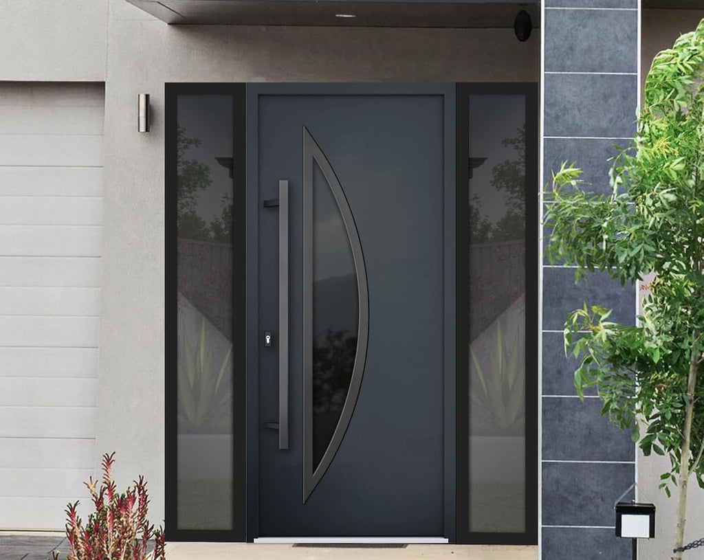 VDOMDOORS Front Exterior Prehung Steel Door/Deux 6501 Anthracite / 2 Side Exterior Windows/Stainless Inserts Single Modern Painted-W12+36+12' x H80-Right-hand Inswing