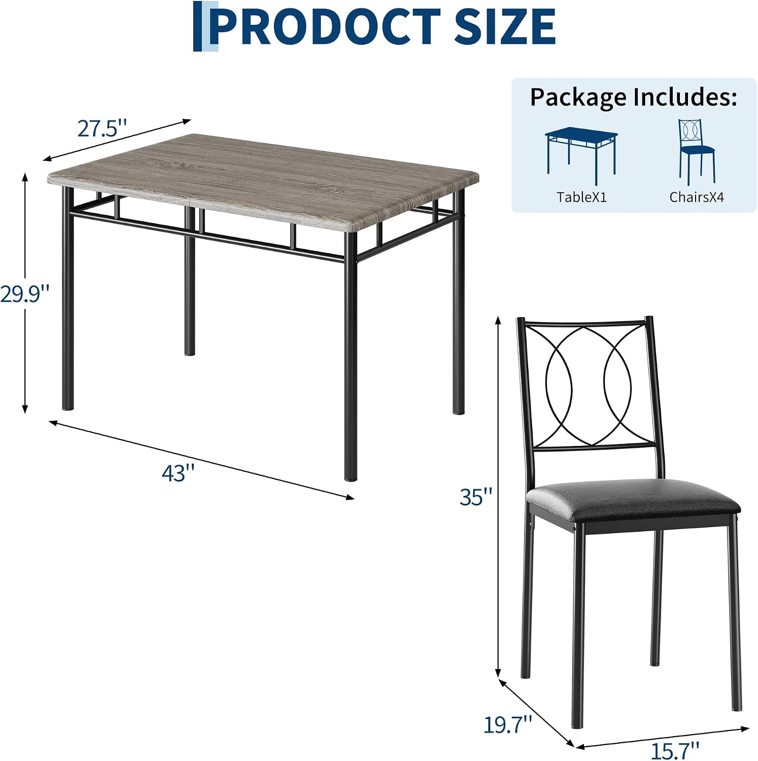 Garvee Dining Table Set for 4, Small Kitchen Table with Upholstered Chairs, Farmhouse Wood Dining Table Chairs for Kitchen Room, Small Spaces, Apartment, Grey