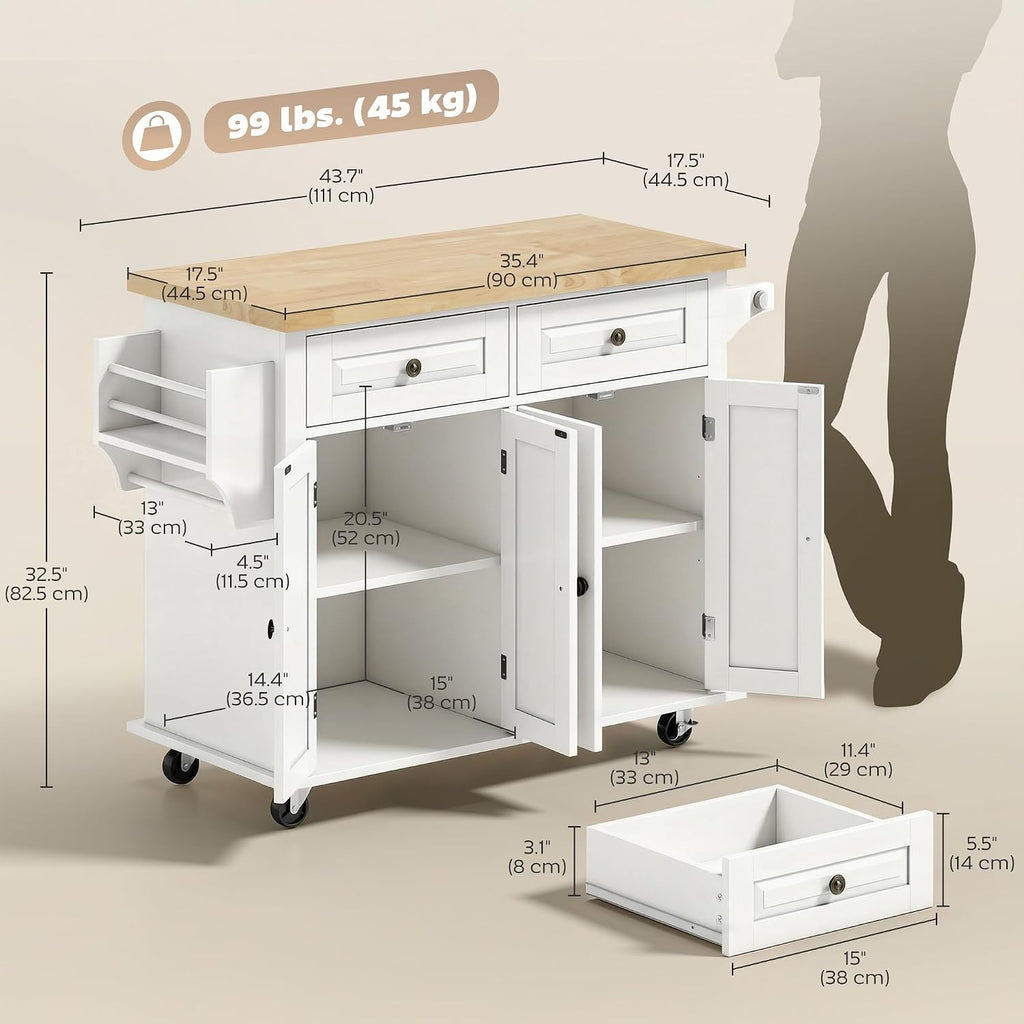 HOMCOM Kitchen Island Cart with Solid Wood Top, 44' Mobile Kitchen Island Table on Wheels with Storage Cabinets, 2 Drawers, Adjustable Shelves, Spice Rack & Towel Bar for Dining Room, White