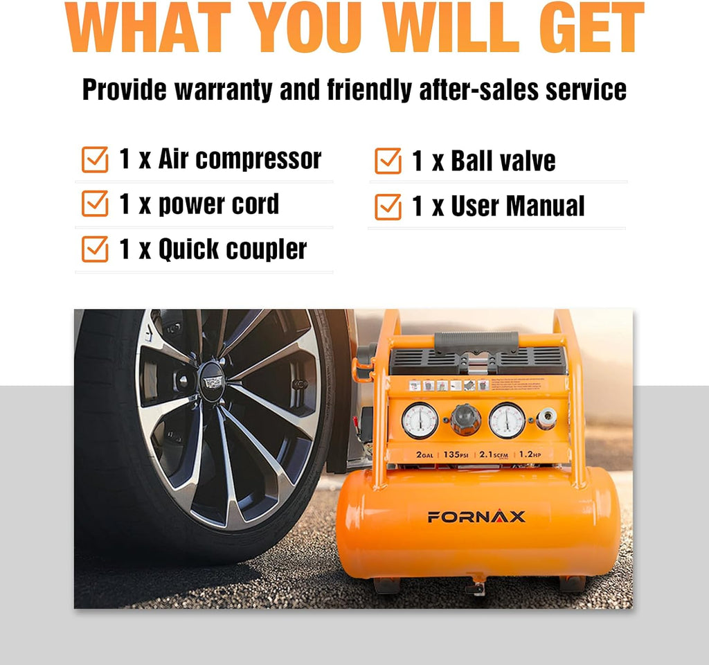 FORNAX Air Compressor Portable 2 Gallon, 1.2 HP 2.1 SCFM@ 90 PSI Oil Free, Max Pressure 135 PSI, 65 dB Silent Air Compressor for Auto Repair, Tire Inflation, Airbrushing, Nailing