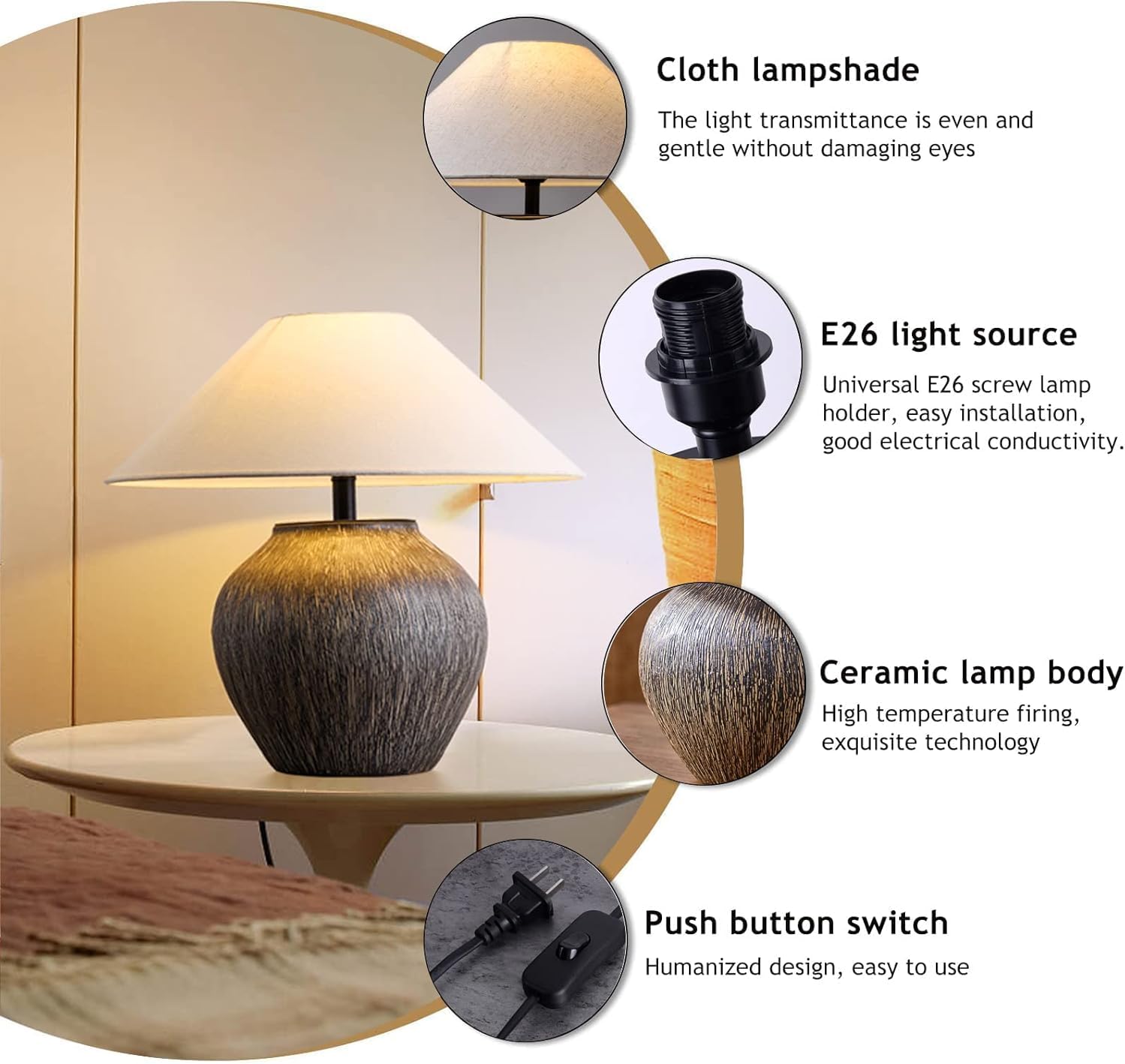 Rustic Farmhouse Table Lamp 20.8' Neutral Ceramic Table Lamp Brown White Checkered Ceramic with Linen Drum Shade Decor Bedside Nightstand for Living Room Bedroom (Small)