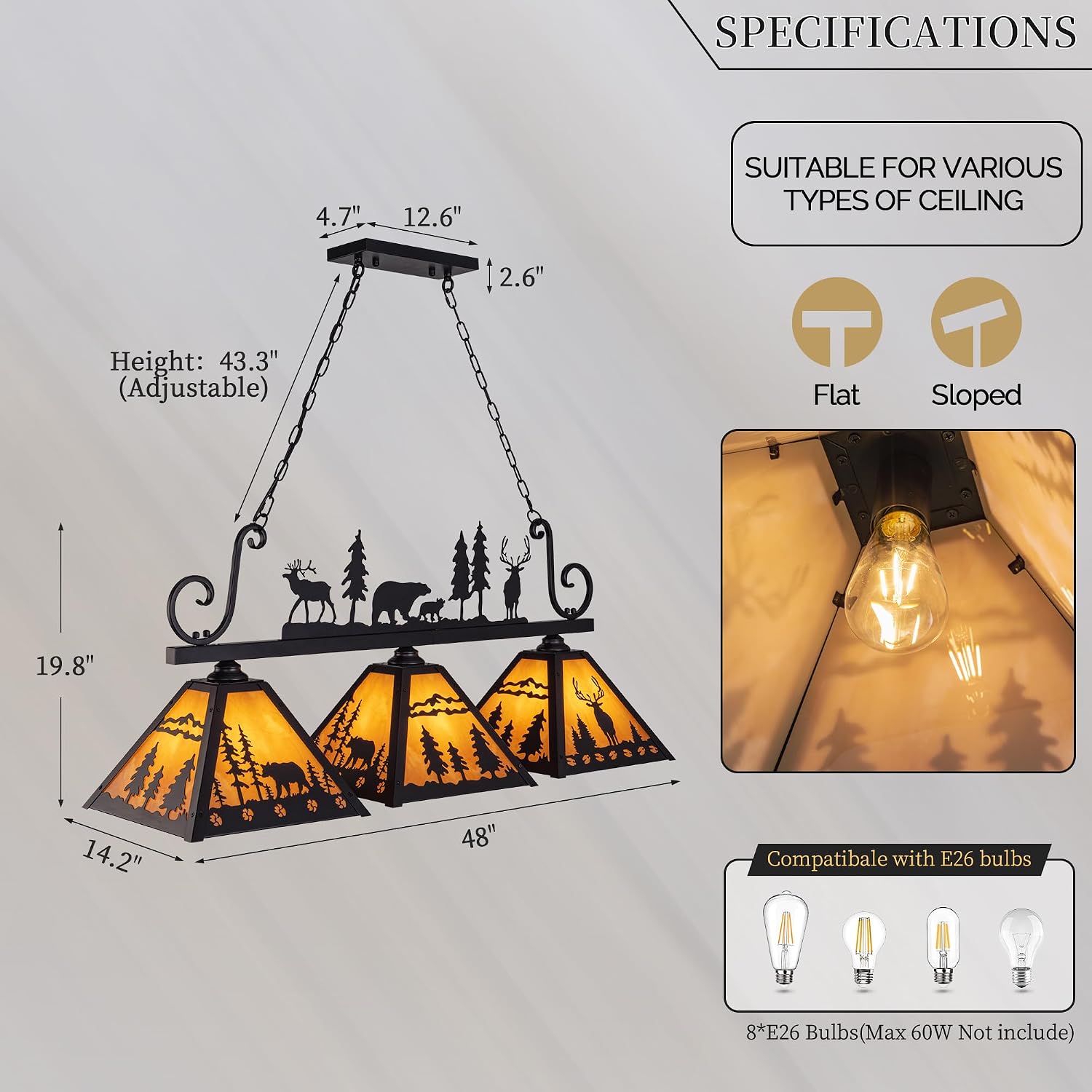 TOCHIC Tiffany Pool Table Light, 3 Lights Vintage Dining Room Chandelier Kitchen Island Light Fixture, Rustic Farmhouse Billiards Table Lamp for Game Room, Billiard Room, Cabin, 48' L