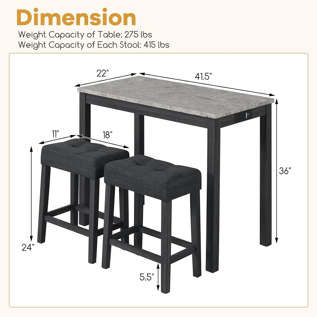 COSTWAY 3-Piece Bar Table Set with Charging Station, Modern Counter Height Breakfast Table w/Faux Marble Top & 2 Padded Stools, Wooden Console Table Set for Living Room, Kitchen, Dining Room (Gray)