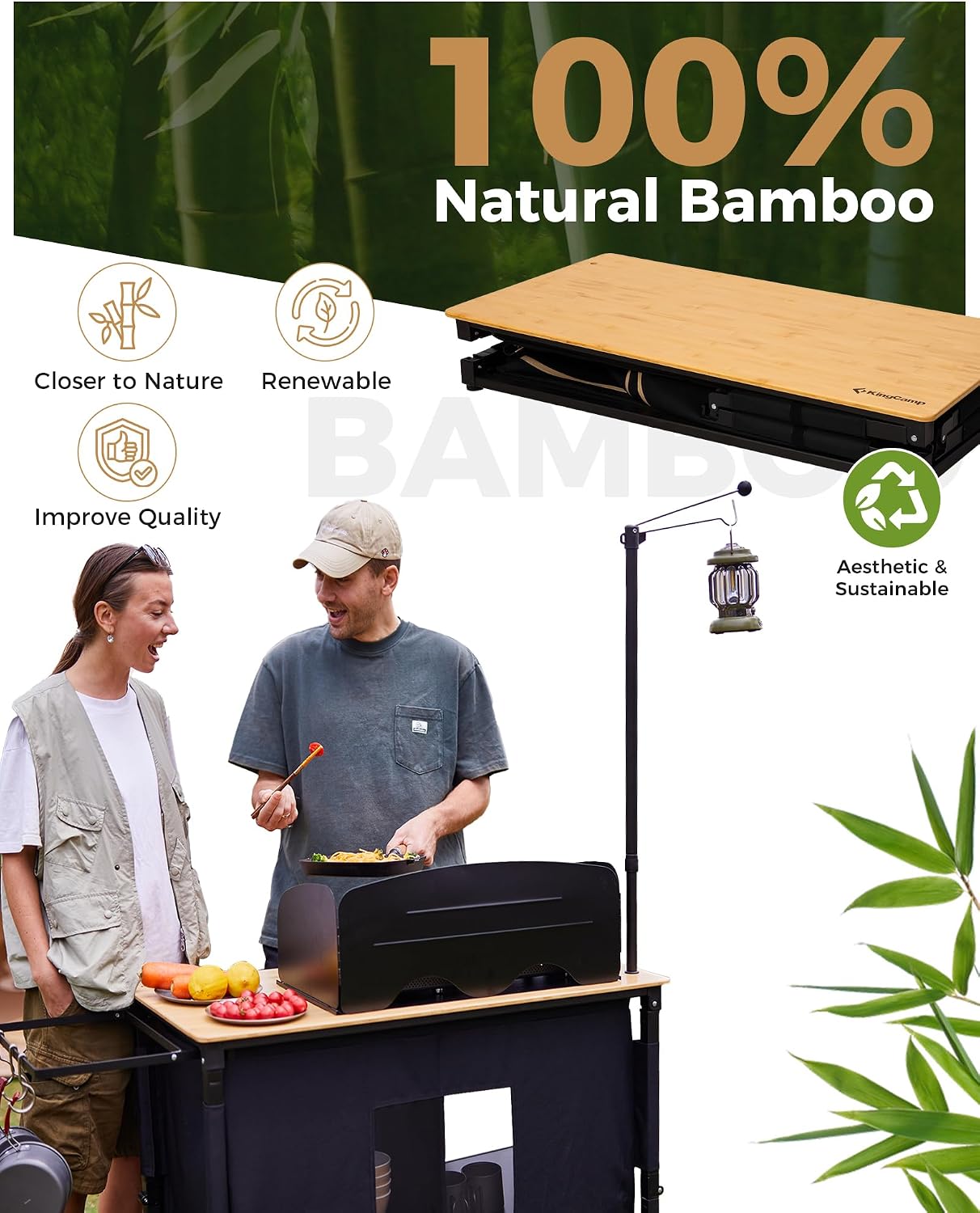 KingCamp Bamboo Camp Kitchen Station, Folding Overland Camping Kitchen Table Hooks Portable Outdoor Cooking with Adjustable Lantern Pole & Windshield Storage Organizer for Tailgating BBQ Picnic RV