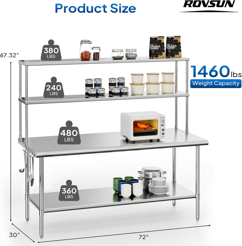 ROVSUN Stainless Steel Table with Overshelves 72' X 30', NSF Commercial Heavy Duty with Adjustable Undershelf & Detachable Hooks, Metal Prep Table for Kitchen, Restaurant, Home, Hotel