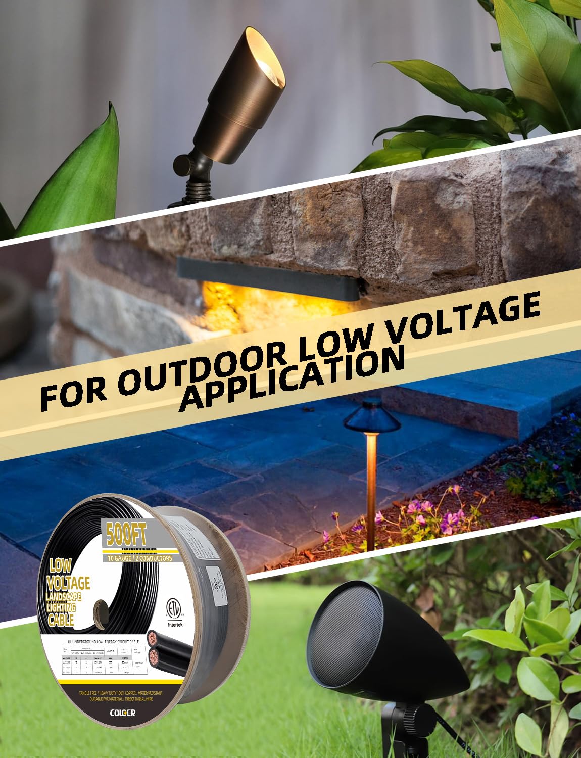 COLOER 500ft 10/2 Low Voltage Landscape Lights Wire Stranded PVC Cord Pure Copper Cable 10 Gauge 2 Conductor Tangle Free Outdoor Landscape Lighting Direct Burial Electrical Cable