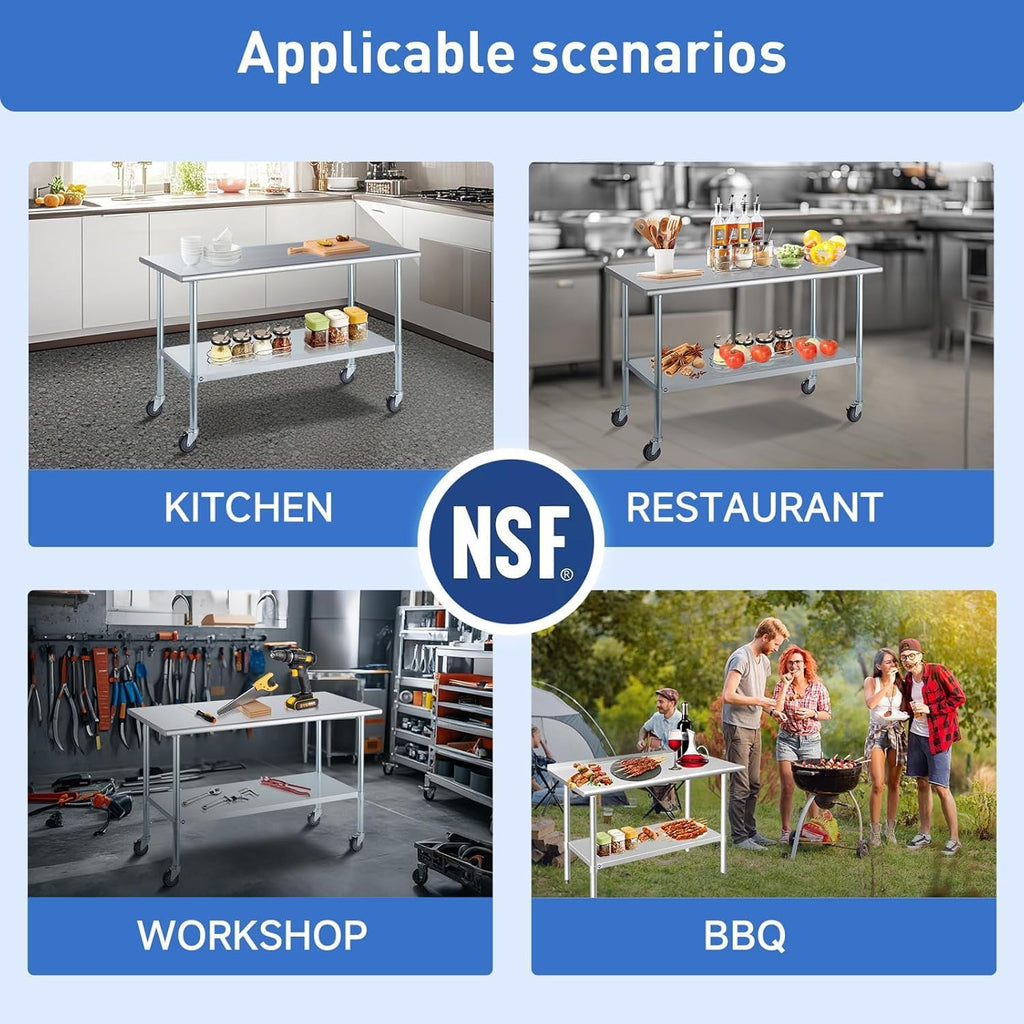 ROCKPOINT Stainless Steel Table for Prep & Work with Caster Wheels 30x72 Inches, NSF Metal Commercial Kitchen Heavy Duty Table with Adjustable Under Shelf and Table Foot for Restaurant, Home and Hotel