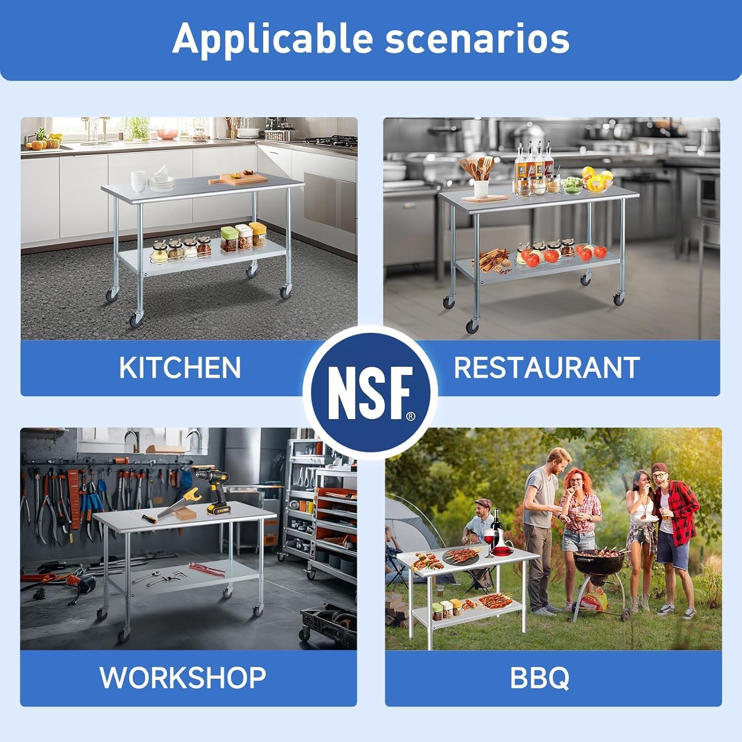 ROCKPOINT Stainless Steel Table for Prep & Work with Caster Wheels 30x72 Inches, NSF Metal Commercial Kitchen Heavy Duty Table with Adjustable Under Shelf and Table Foot for Restaurant, Home and Hotel