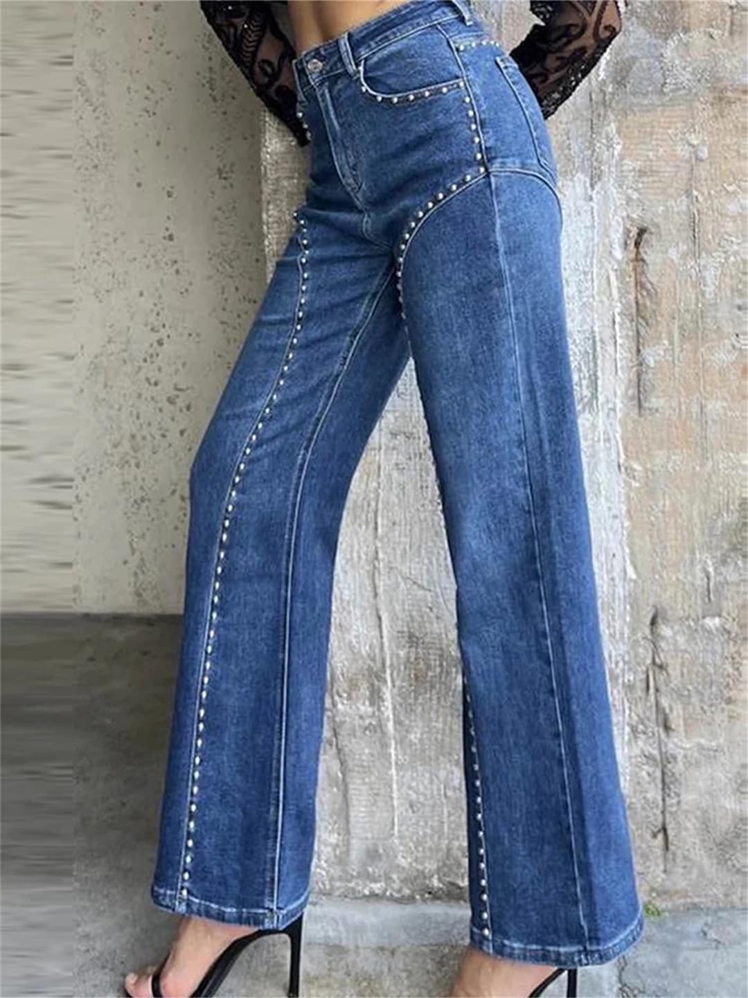 Women Studded Denim Straight Pants High Waist Hip Package Metal Rivets Design Trousers Club Wear Style