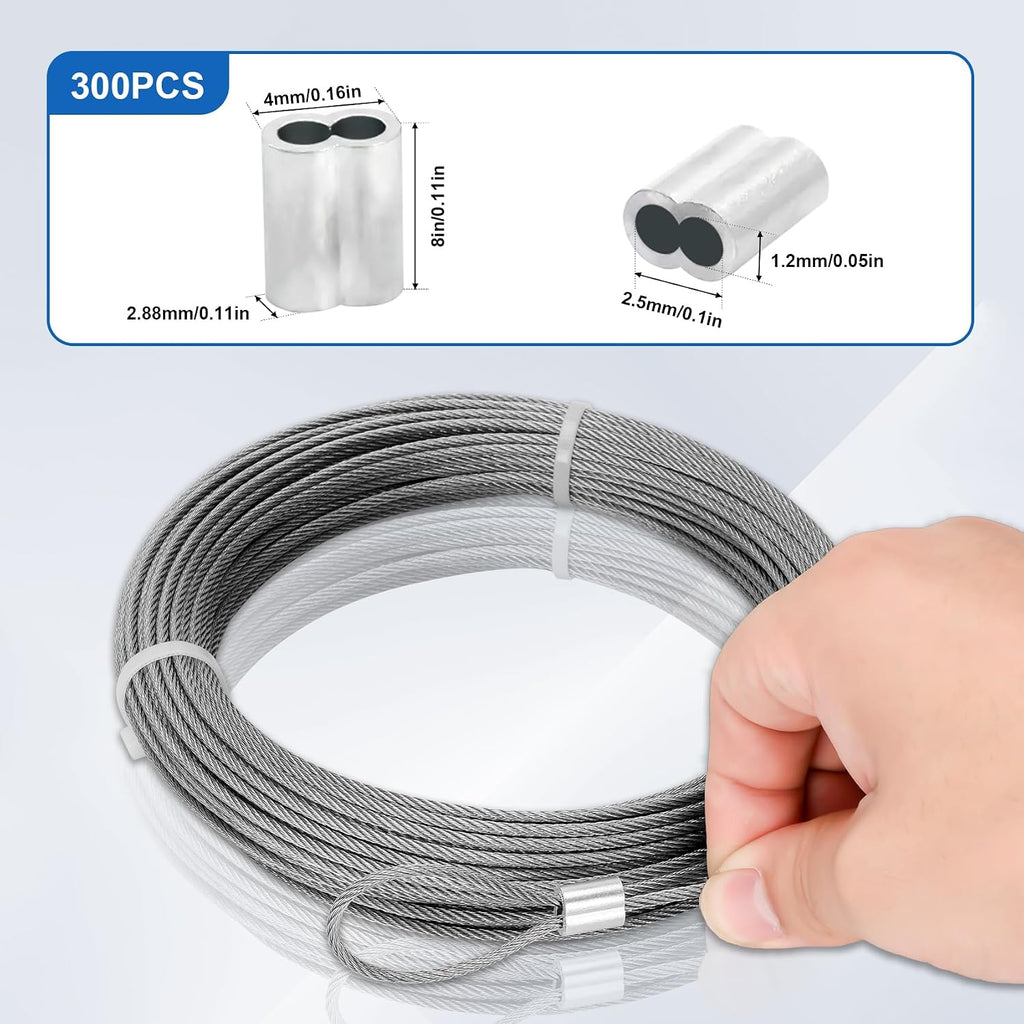 3/32 in Stainless Steel Cable Wire Rope 1000ft, 7x7 Strands Stainless Steel Aircraft Cable, for Deck Railing, String Light Hanging, Marine Rigging, Garden Wire with 300 M2.5 Crimping Loops