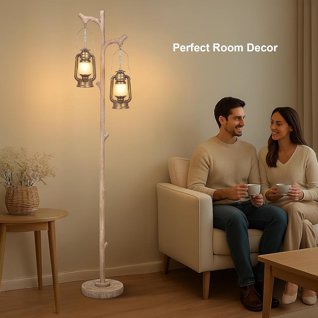 Scenekoy Vintage 68' Tall Floor Lamp with Lanterns, Retro Standing Lamp Tree Trunk Finish & Resin Body, Rustic Dimmable Corner Lamp Stand Up Light with Bulb Prefer for Living Room Bedroom Home Decor