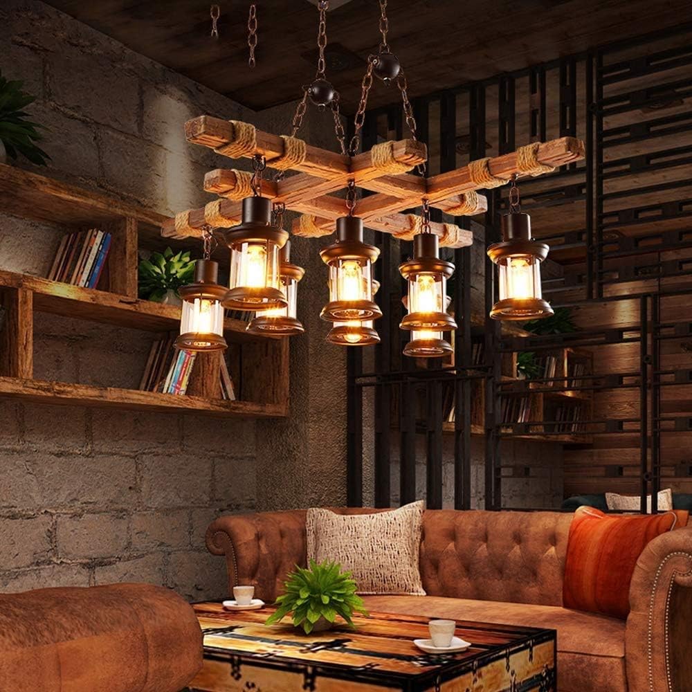 GHY 8 Lights Industrial Wooden Hanging Lighting Black Metal Chandelier Farmhouse Vintage Pendant Lamp Glass Lampshade for Pool Table Kitchen Island Bar Retro Ceiling Light Height Adjustable Fixture