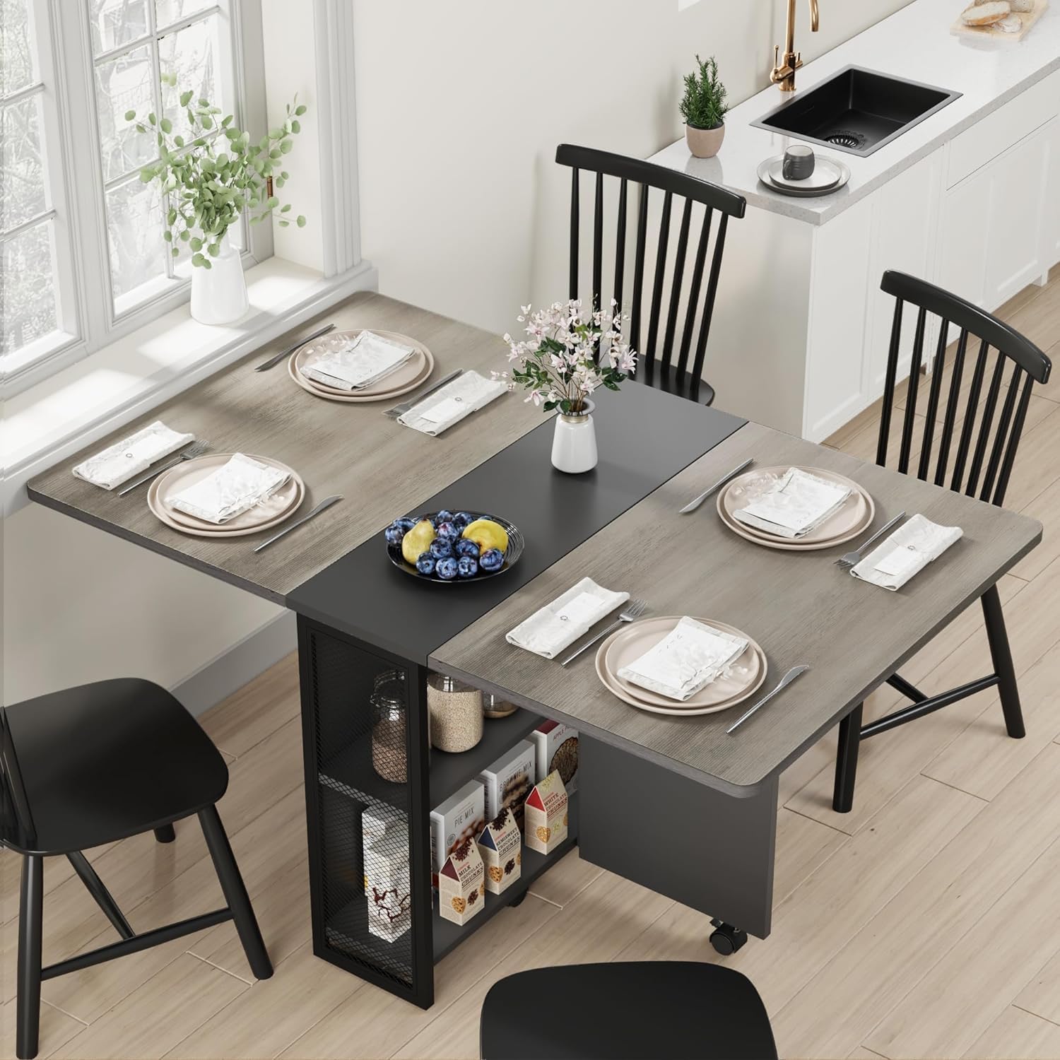 GarveeHome Folding Dining Table, Space Saving Farmhouse Dining Table for 4 Storage Shelf, 6 Wheels Multipose Expandable Kitchen Drop Leaf Table for Small Spac
