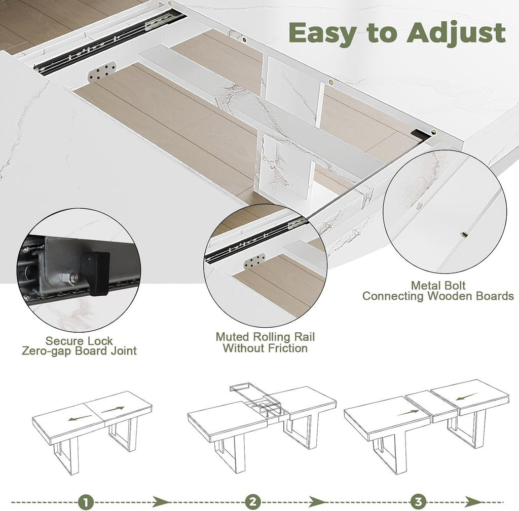 STHOUYN White Marble Extendable Dining Room Table for 8 10, 70.9' (86.6') x 31.5', Rectangle Dinner Table for 6-10, Modern Expandable Retractable Kitchen Table (White)