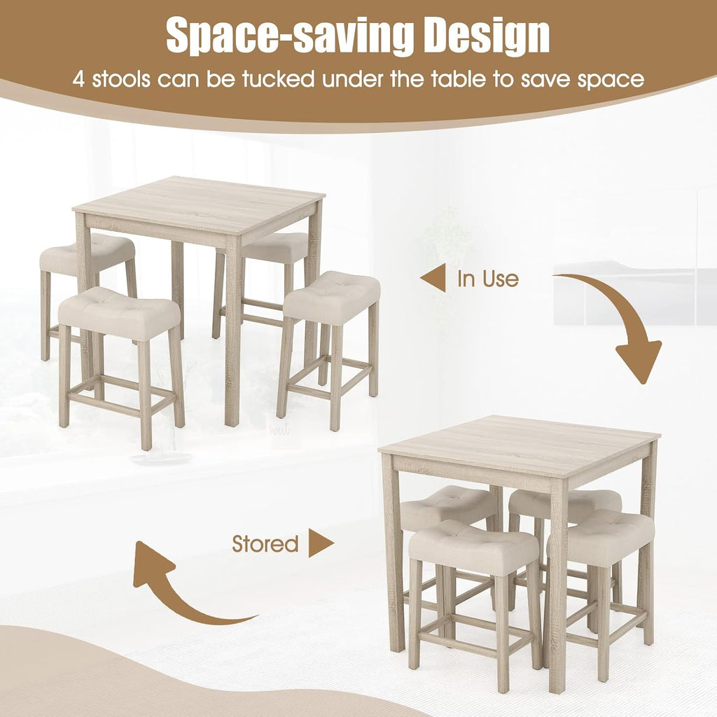 COSTWAY 5-Piece Bar Table Set, Square Breakfast Set for 4 w/Padded Stools, Small Kitchen Table Set w/Rubber Wood Legs, Space-Saving Dining Table Set for Living Room, Kitchen, Small Space