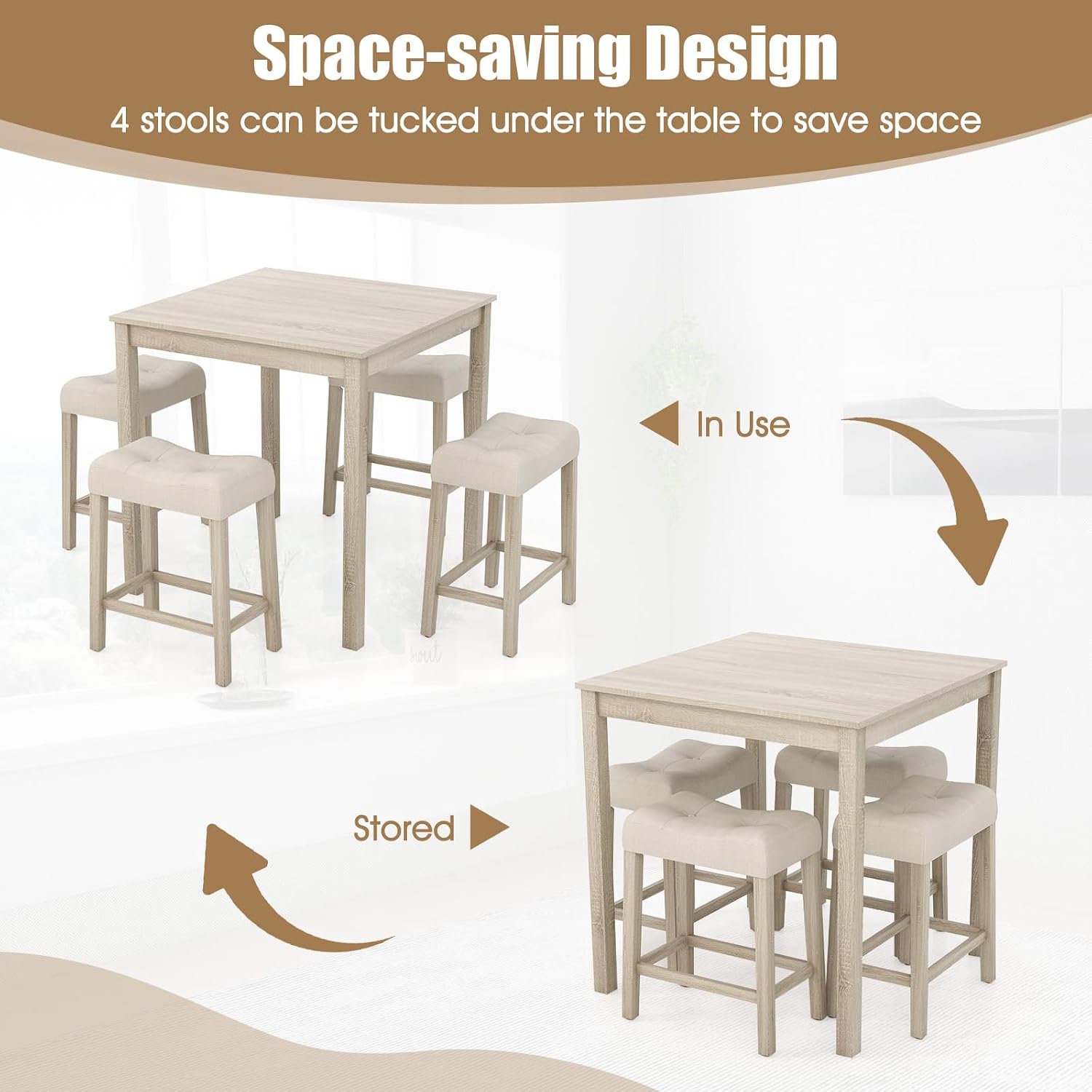 COSTWAY 5-Piece Bar Table Set, Square Breakfast Set for 4 w/Padded Stools, Small Kitchen Table Set w/Rubber Wood Legs, Space-Saving Dining Table Set for Living Room, Kitchen, Small Space