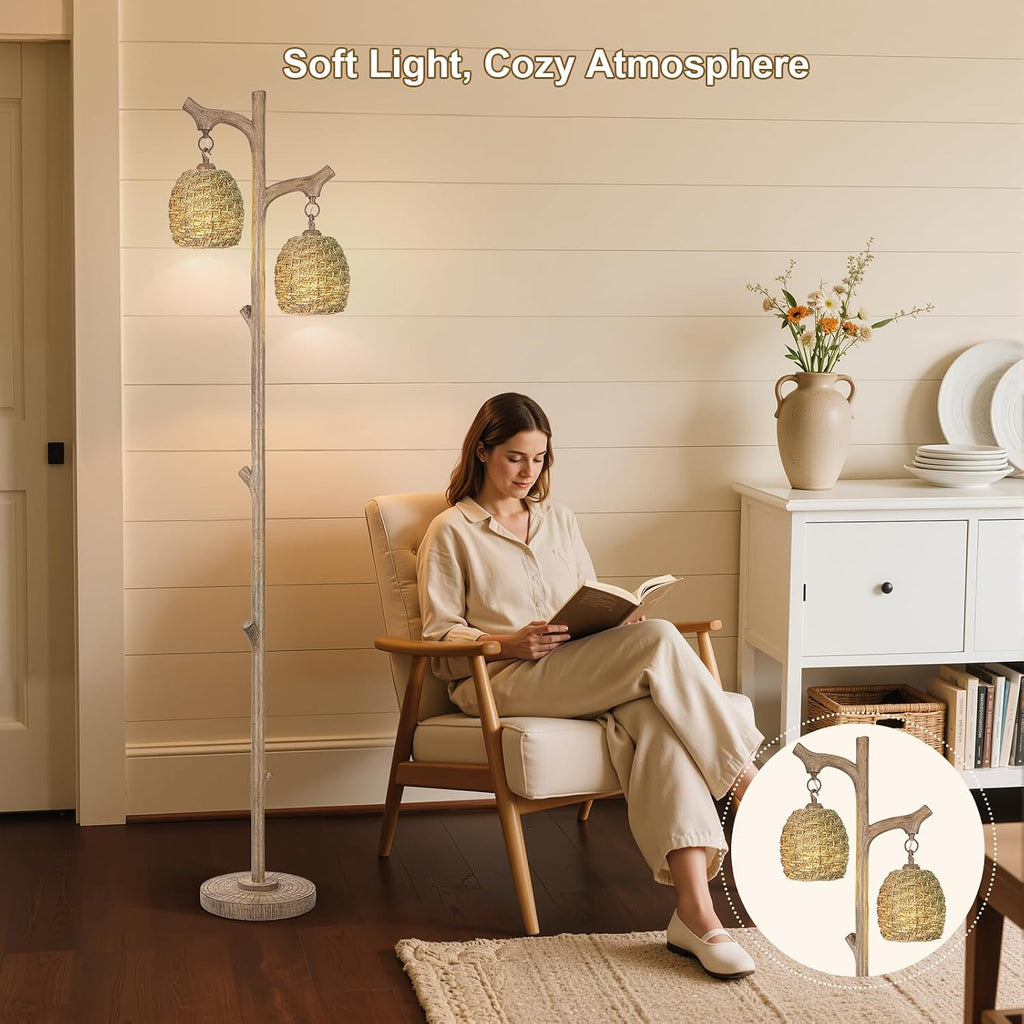 Scenekoy Vintage 68' Tall Floor Lamp with Straw Rope Woven Shade, Retro Resin Standing Lamp Tree Trunk Finish, Dimmable Corner Lamp Stand Up Light with Bulb Prefer for Living Room Bedroom Home Decor