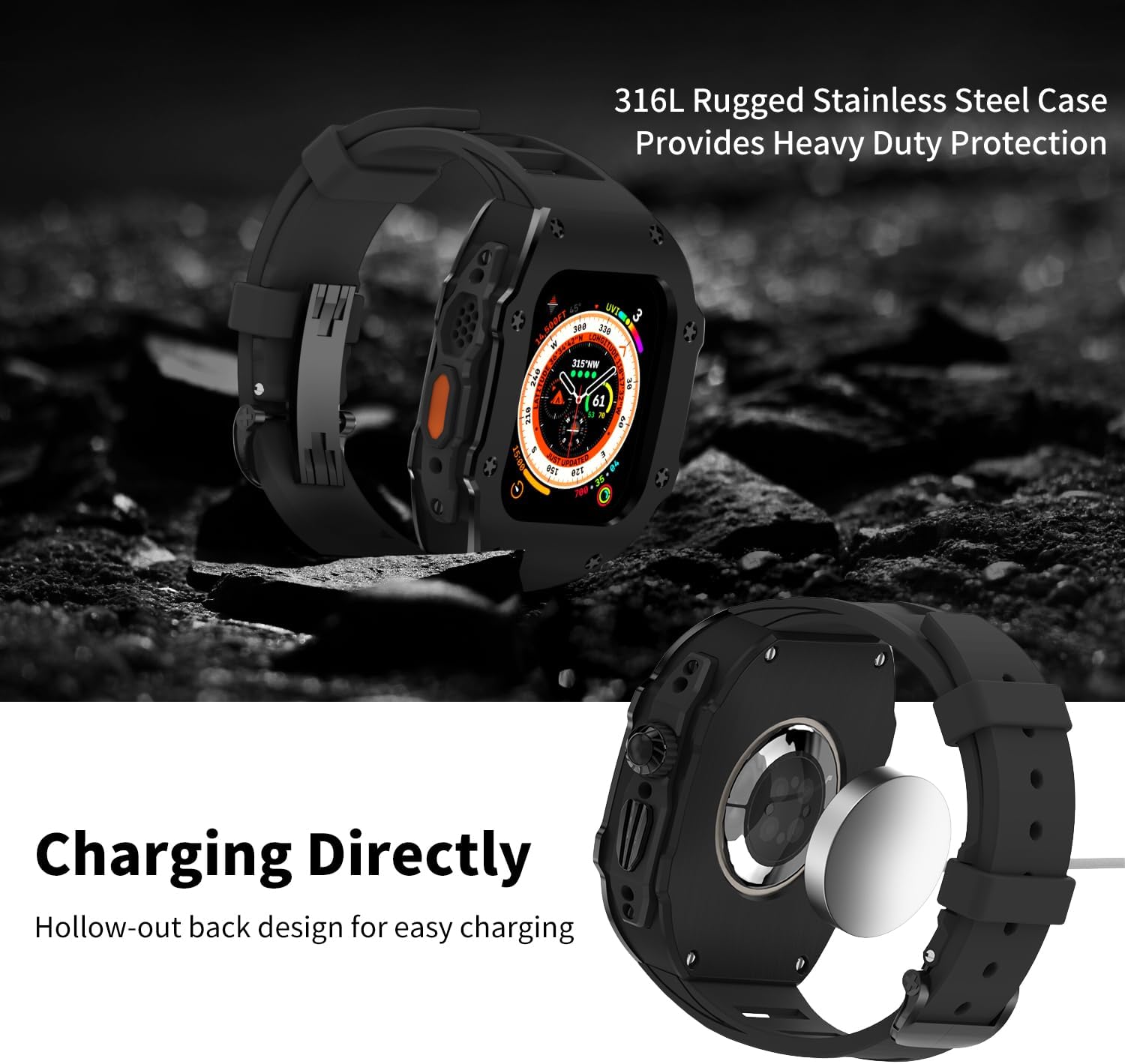 316L Stainless Steel Case with Band for Apple Watch Ultra 3/2/1 49mm, Series 11/10 46mm, Luxury Rugged Military Protective Metal Cover Tactical Heavy Duty Protection Strap