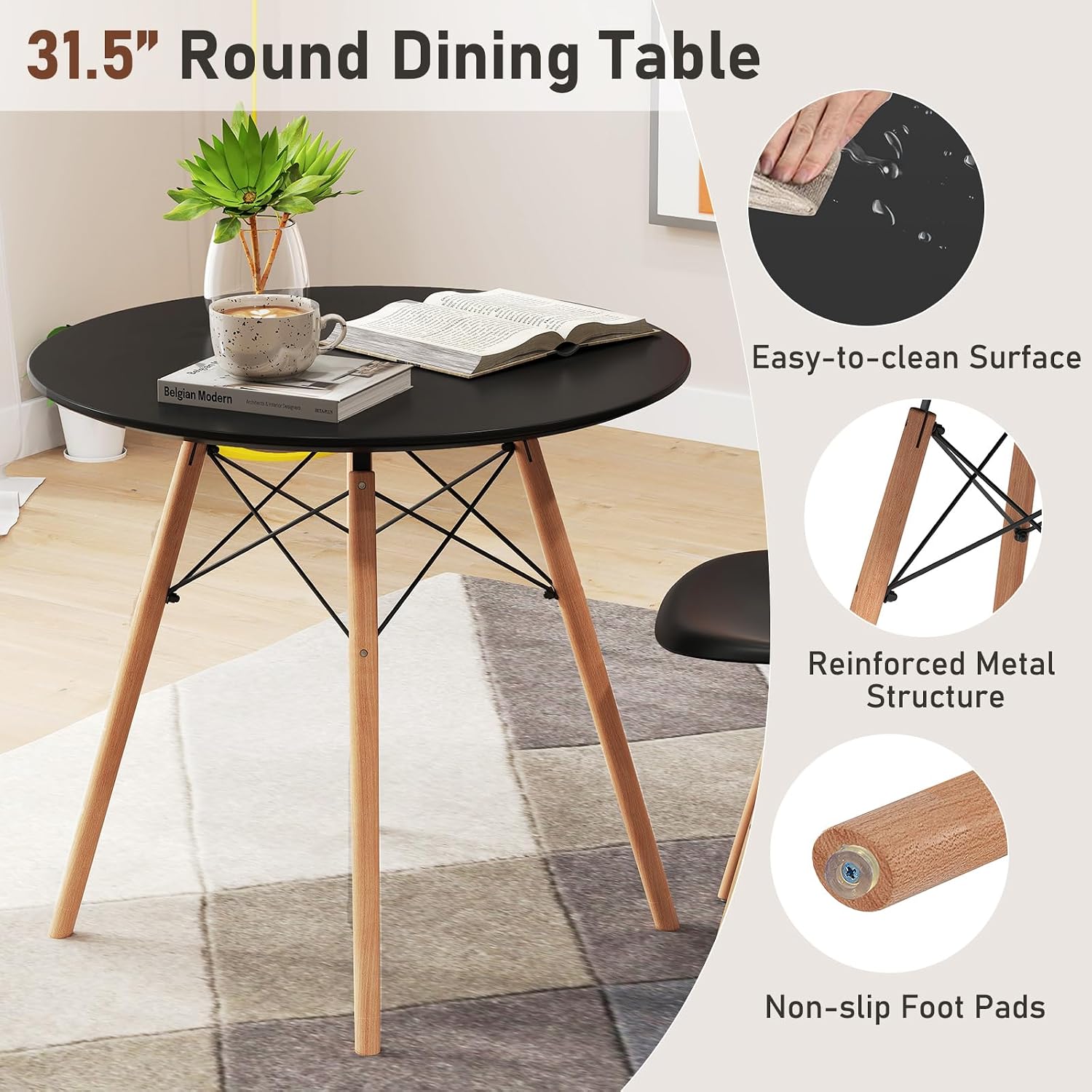 Tangkula Round Dining Table Set for 4, Modern Circle Kitchen Table & 4 Chairs with Ergonomic Seats and Solid Wood Legs, 5-Piece Dining Room Set for Small Spaces, Kitchen, Living Room