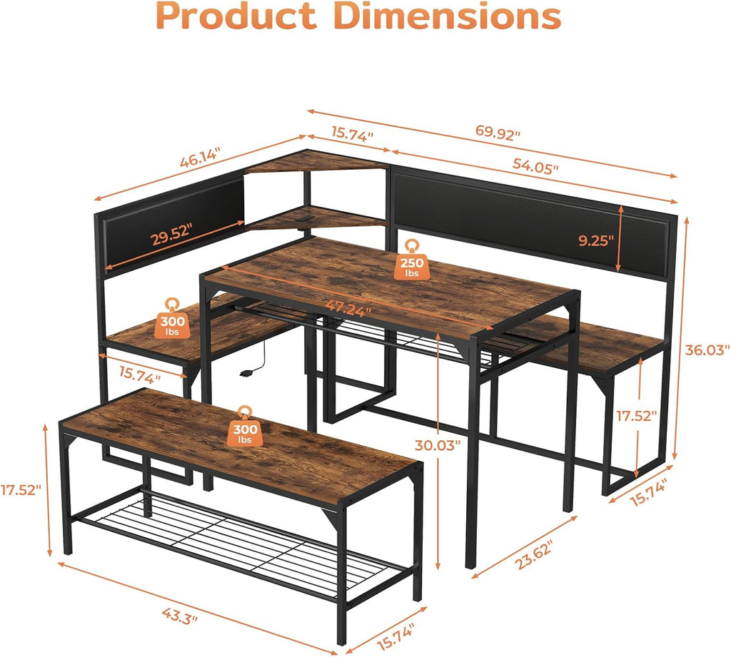 Zevemomo Kitchen Breakfast Nook Table Set for 4-6, Corner Dining Table Set with Charging Port, L-Shaped Corner Kitchen Table with Storage & Bench, Farmhouse Dining Table Set for Small Space, Brown