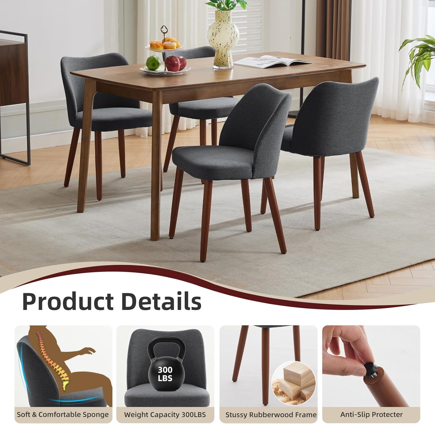 GarveeHome Linen Dining Chairs Set of 4 Upholstered Fabric Dining Chair with Wood Legs, Wing Backrest, Wooden Kitchen Chairs with Thick Cushions, Leveling Feet for Dining Room, Living Room, Dark Grey