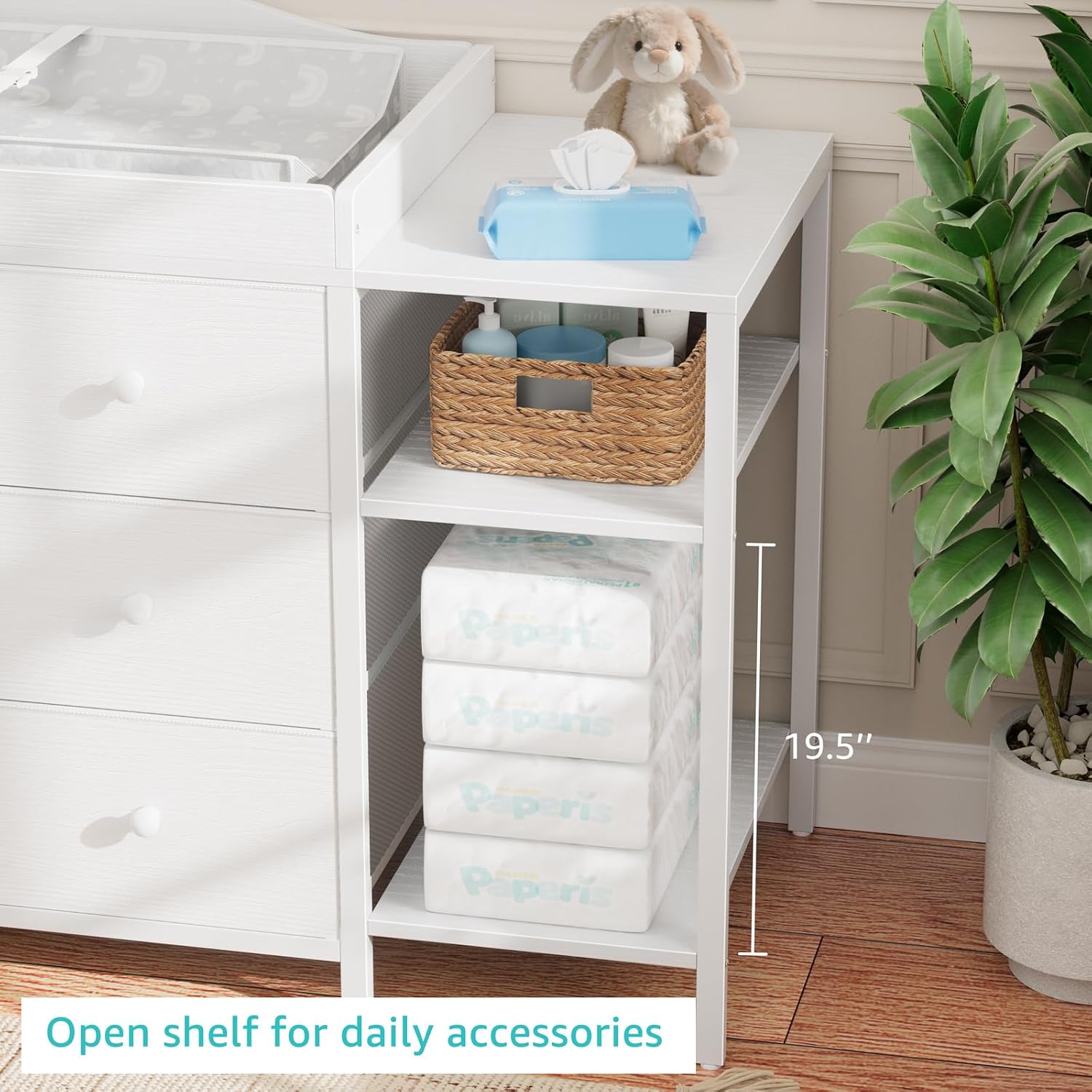BOLUO Baby Dresser with Changing Table Top, White Changing Table Dresser with 6 Fabric Drawers Diaper Changing Station with Storage Shelf for Nursery Modern