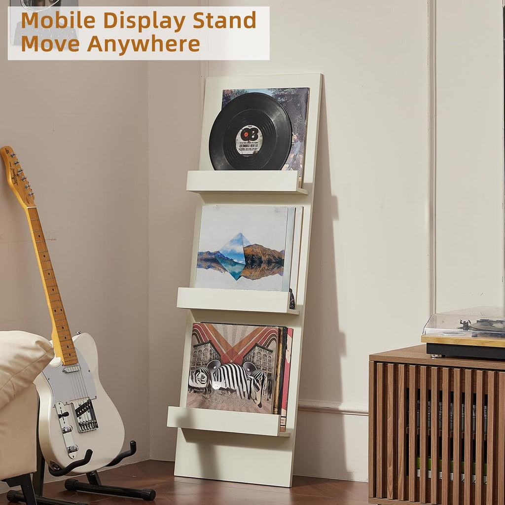 LELELINKY Wall Mount Vinyl Record Holder Set of 2 with 3 Tier Display Area, 47.5'' Tall Record Storage Magazine Holder, Book Shelf Holder Holds Up to 15 Vinyls Albums/CD for, Living Room, Music Room