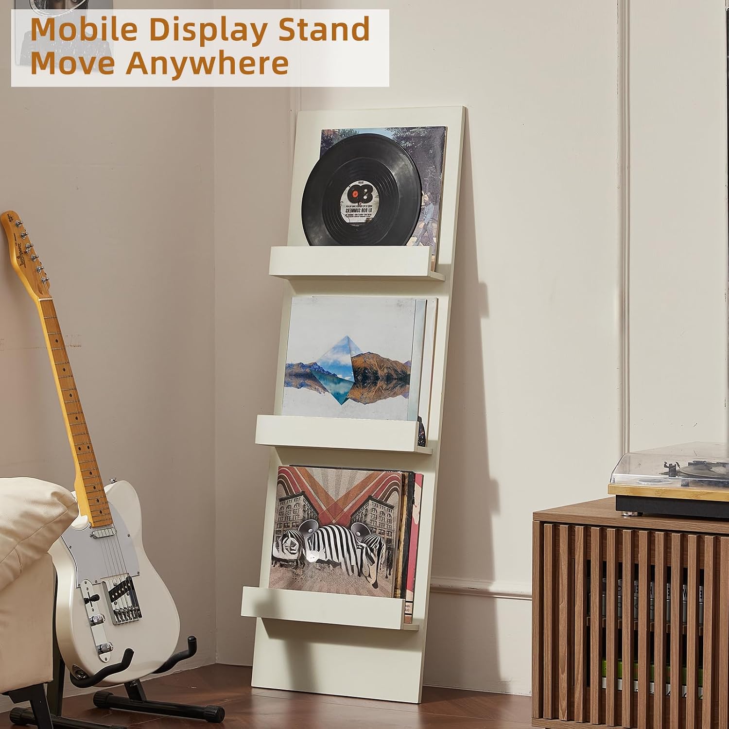 LELELINKY Wall Mount Vinyl Record Holder Set of 2 with 3 Tier Display Area, 47.5'' Tall Record Storage Magazine Holder, Book Shelf Holder Holds Up to 15 Vinyls Albums/CD for, Living Room, Music Room