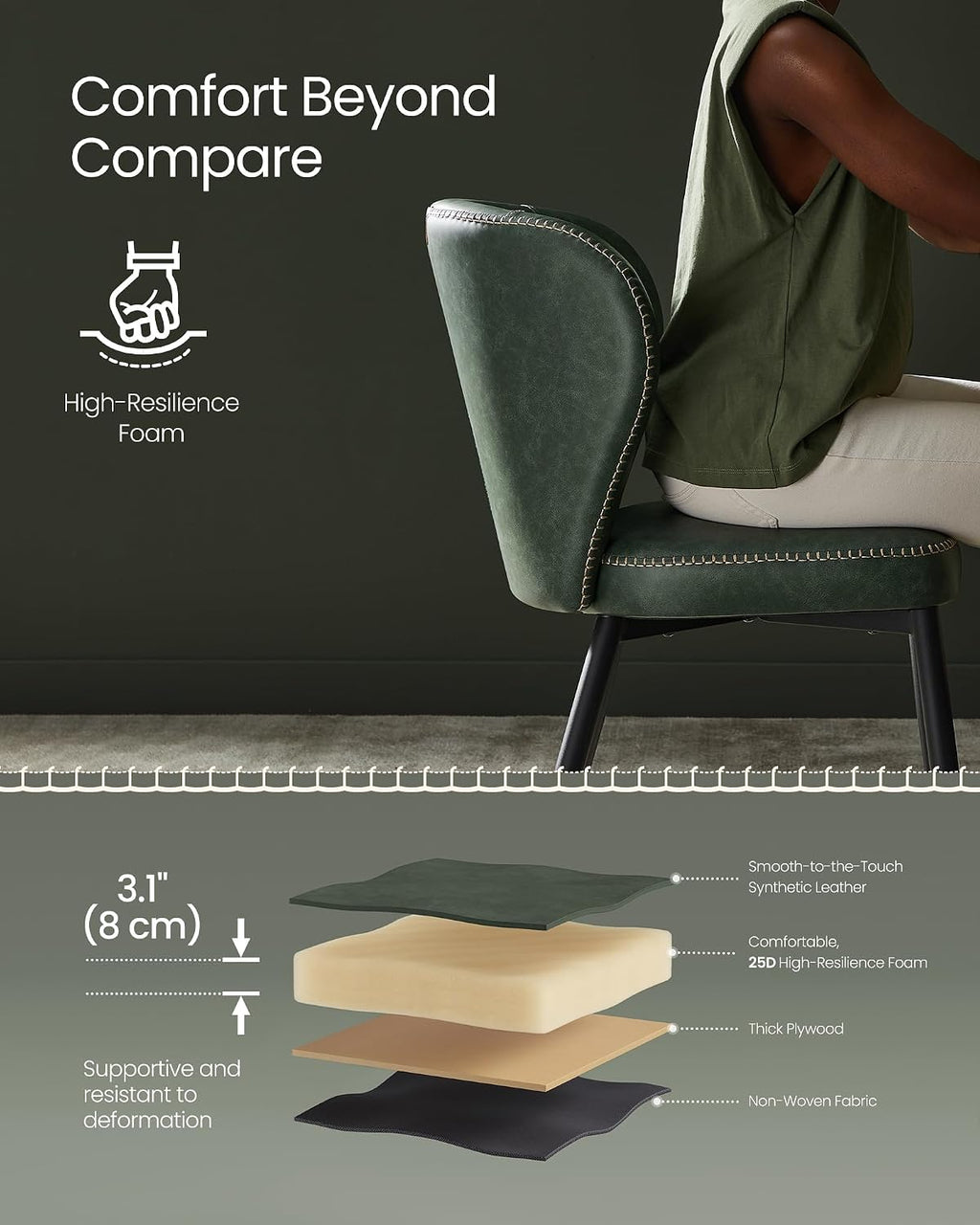 VASAGLE EKHO Collection - Dining Chairs Set of 2, Upholstered Kitchen Chairs, Comfortable Seat, Synthetic Leather with Stitching, Mid-Century Modern, Easy Assembly, Living Room Lounge, Forest Green