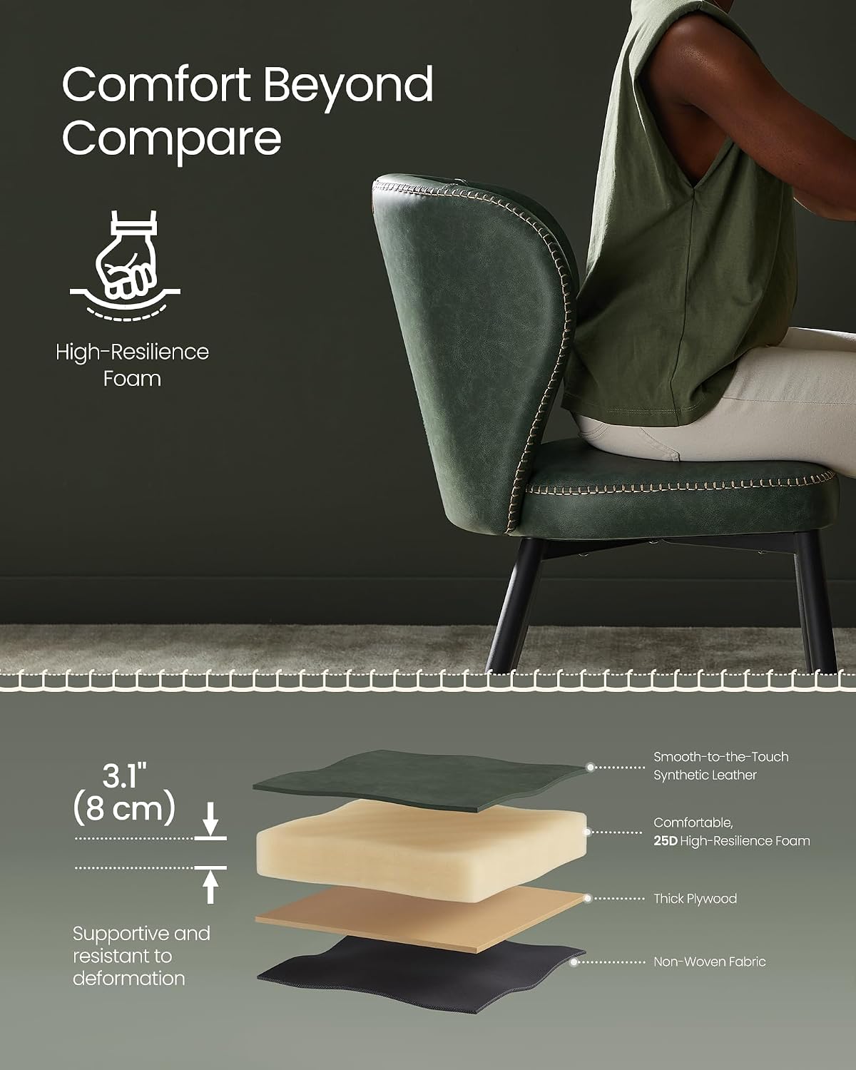 VASAGLE EKHO Collection - Dining Chairs Set of 2, Upholstered Kitchen Chairs, Comfortable Seat, Synthetic Leather with Stitching, Mid-Century Modern, Easy Assembly, Living Room Lounge, Forest Green