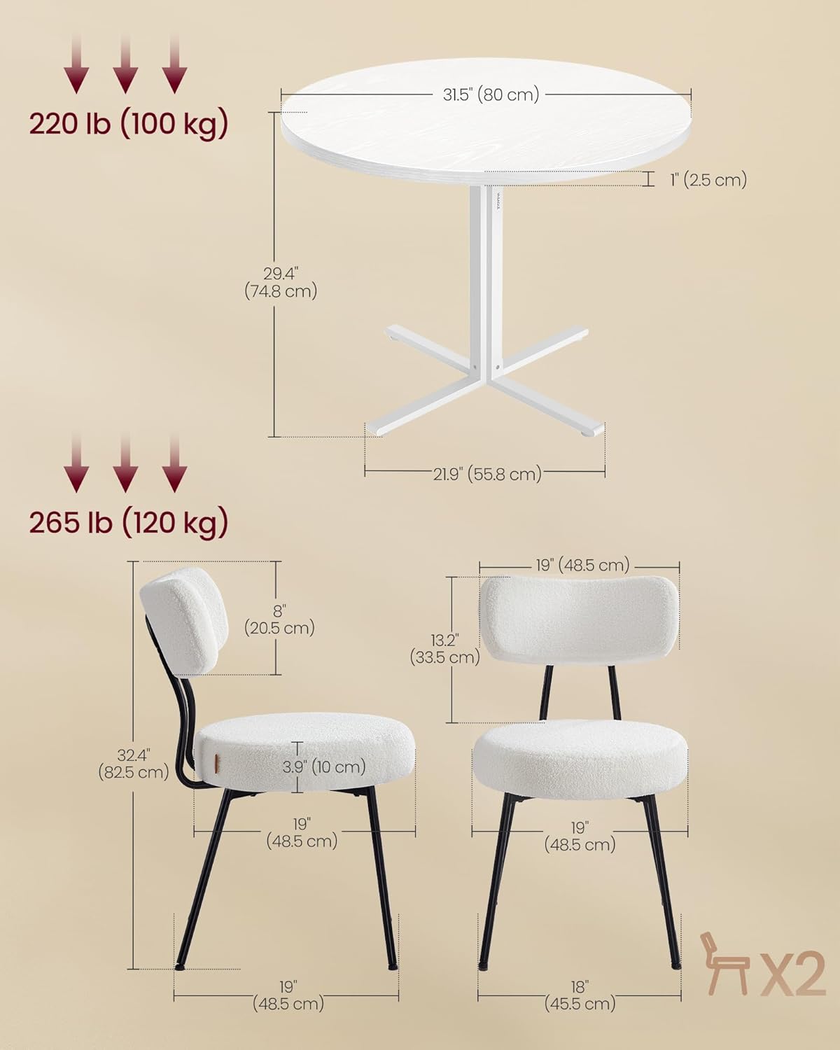 VASAGLE Dining Table Set, Round Dining Table with 2 Upholstered Kitchen Chairs, for Small Spaces, Kitchen, Living Room, Steel Frame, Modern Style, Snow White and Cream White UZH2507008